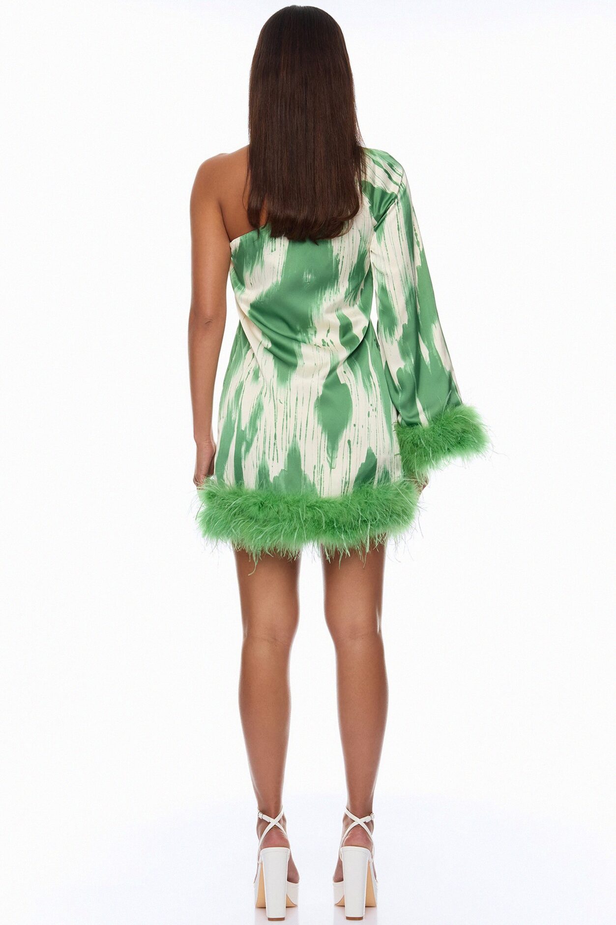 Freya Feathered Satin Mini Dress - Green/combo