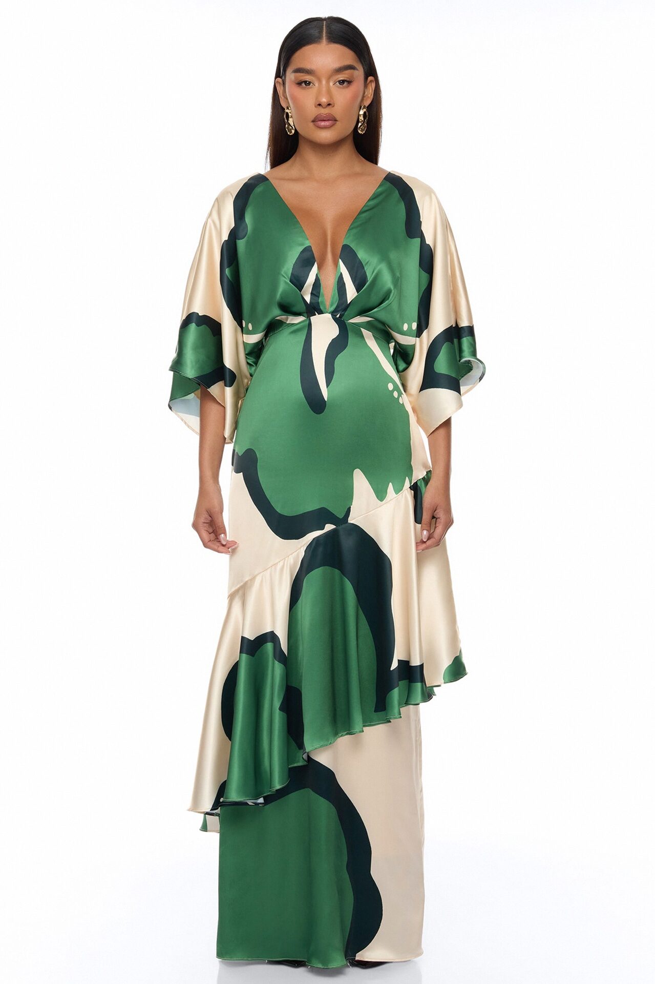 Veronika Short Sleeve Satin Maxi Dress - Green/combo