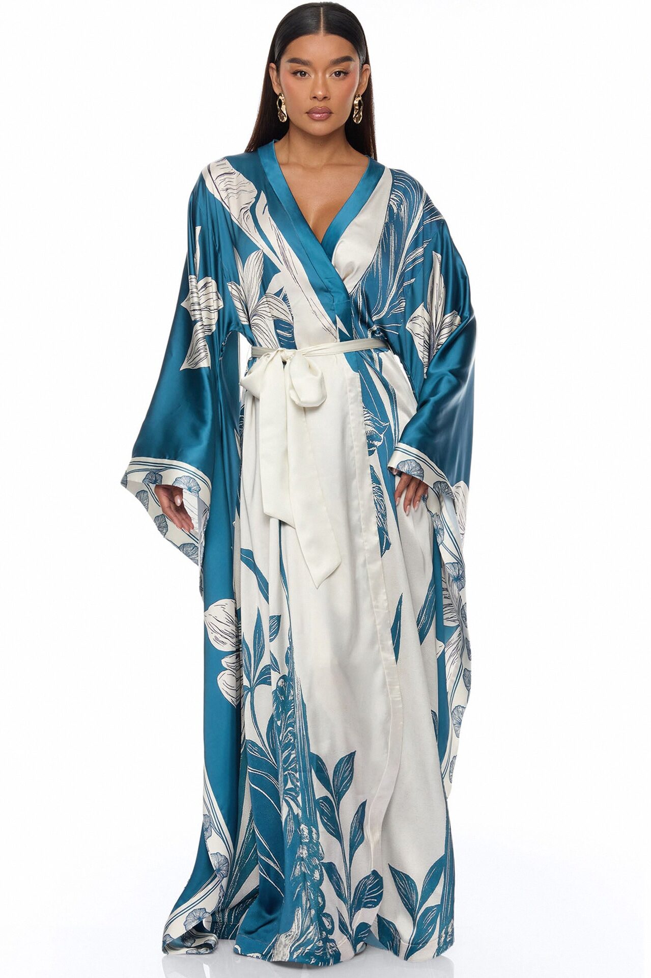 Junie Bell Sleeve Satin Kimono - Teal/combo