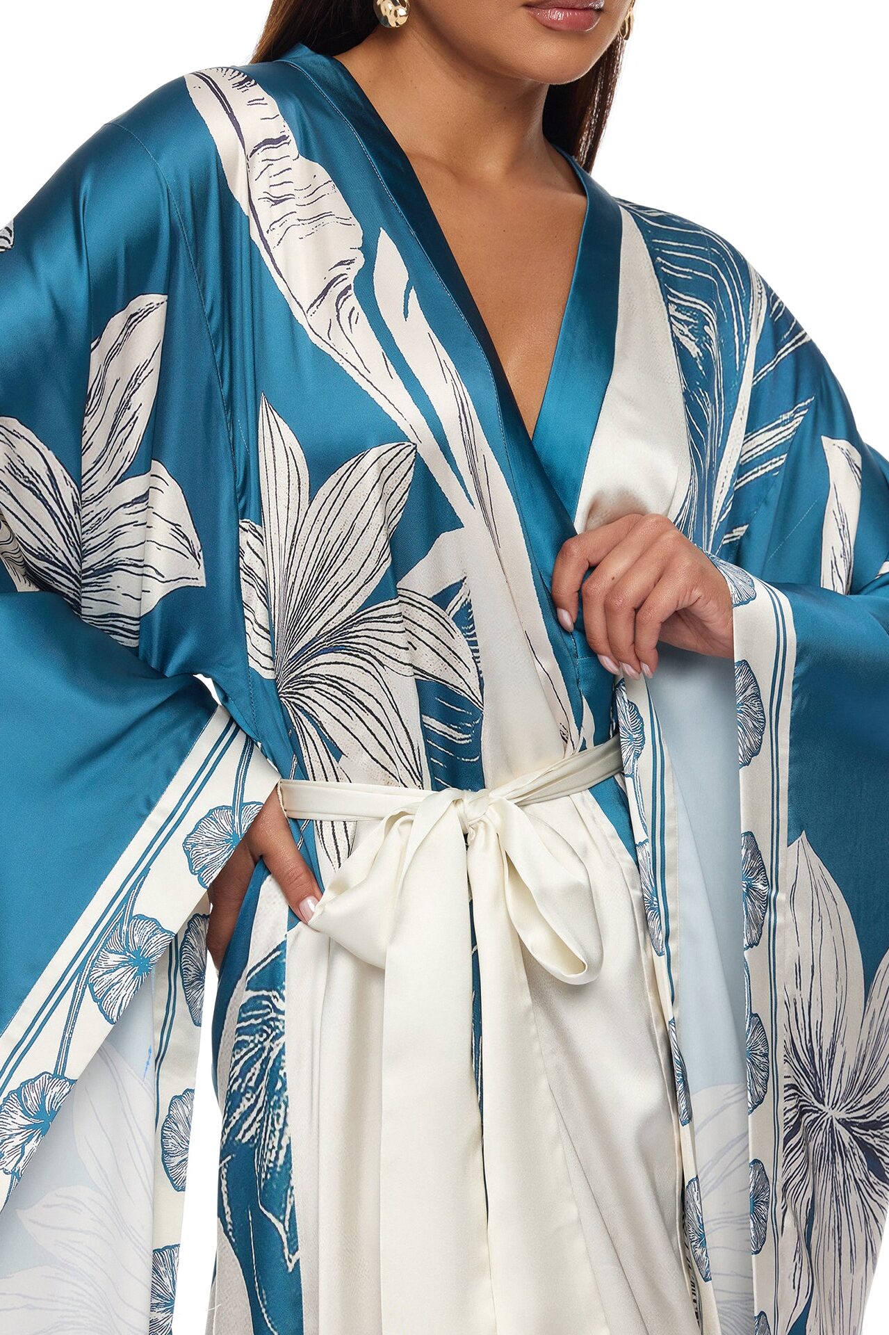 Junie Bell Sleeve Satin Kimono - Teal/combo