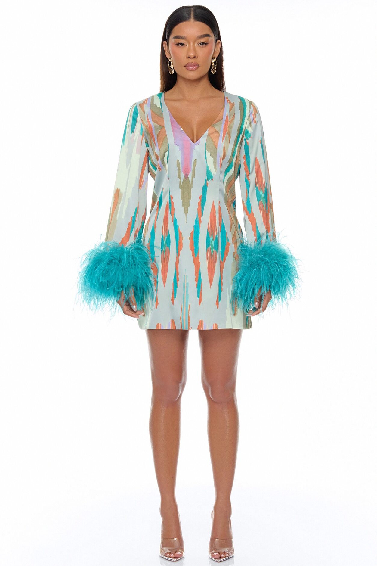 Daydreaming Feathered Satin Mini Dress - Turquoise/combo