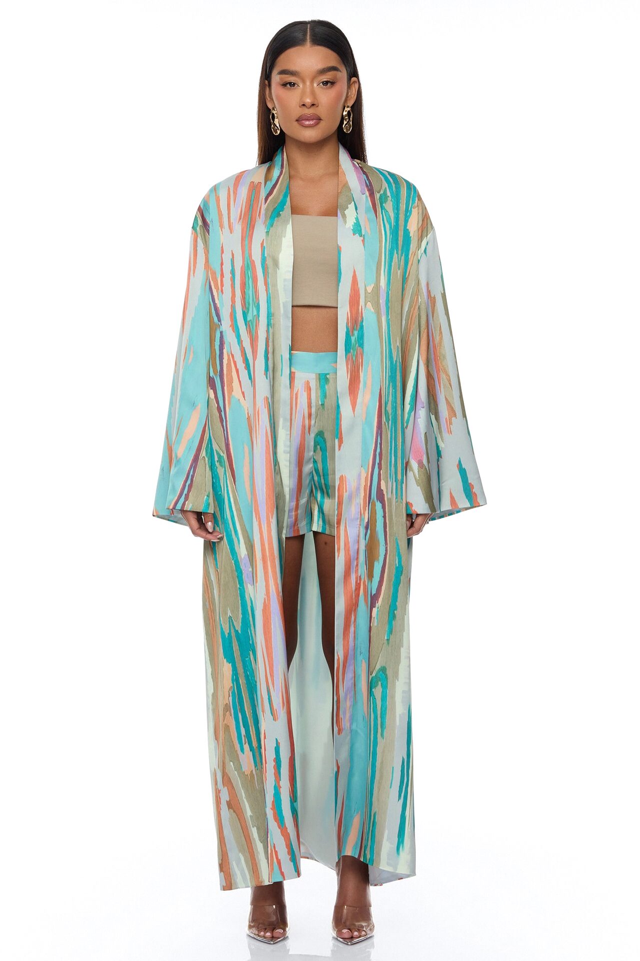 Daydreaming Satin Kimono Short Set - Turquoise/combo
