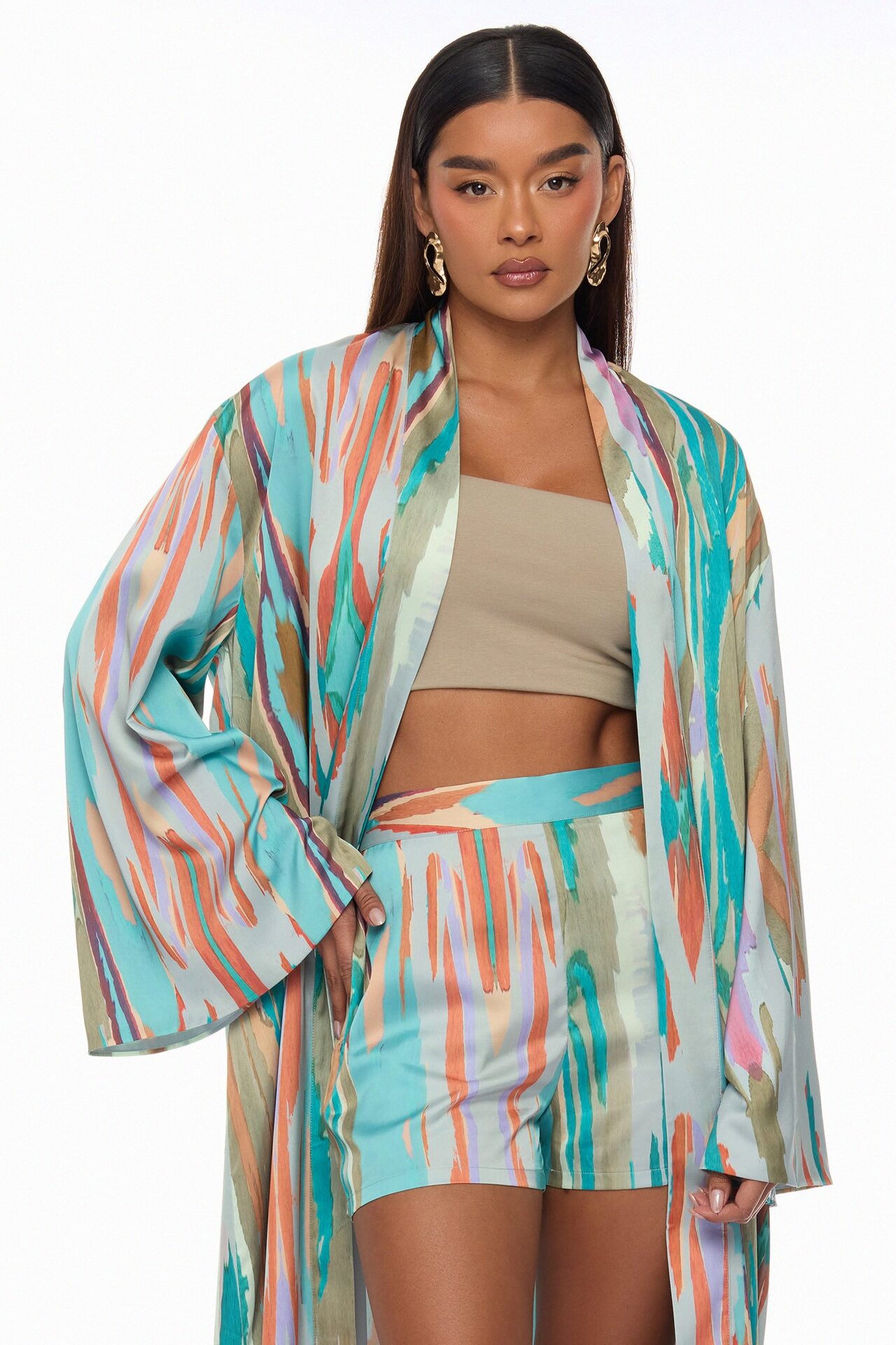 Daydreaming Satin Kimono Short Set - Turquoise/combo