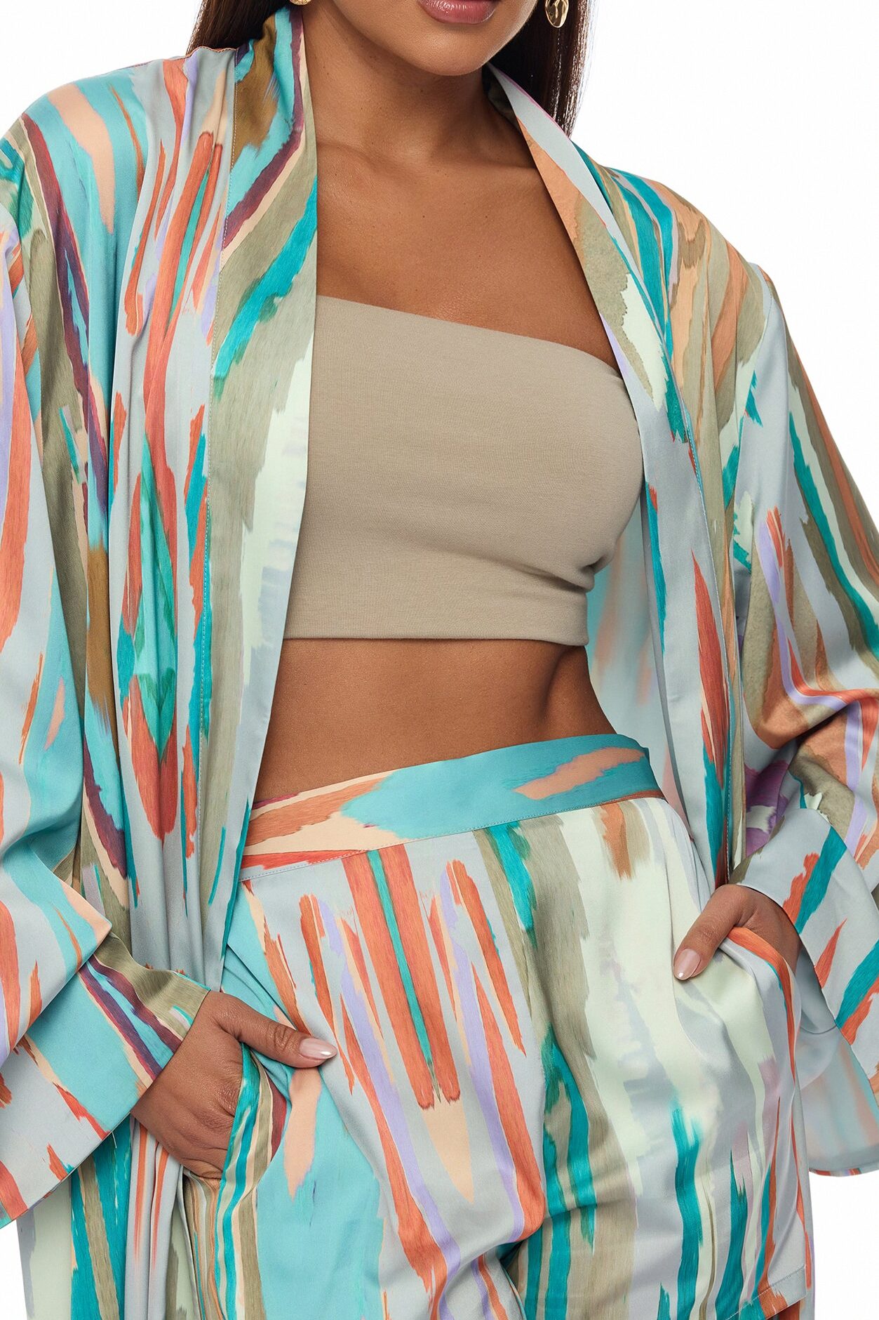 Daydreaming Satin Kimono Short Set - Turquoise/combo
