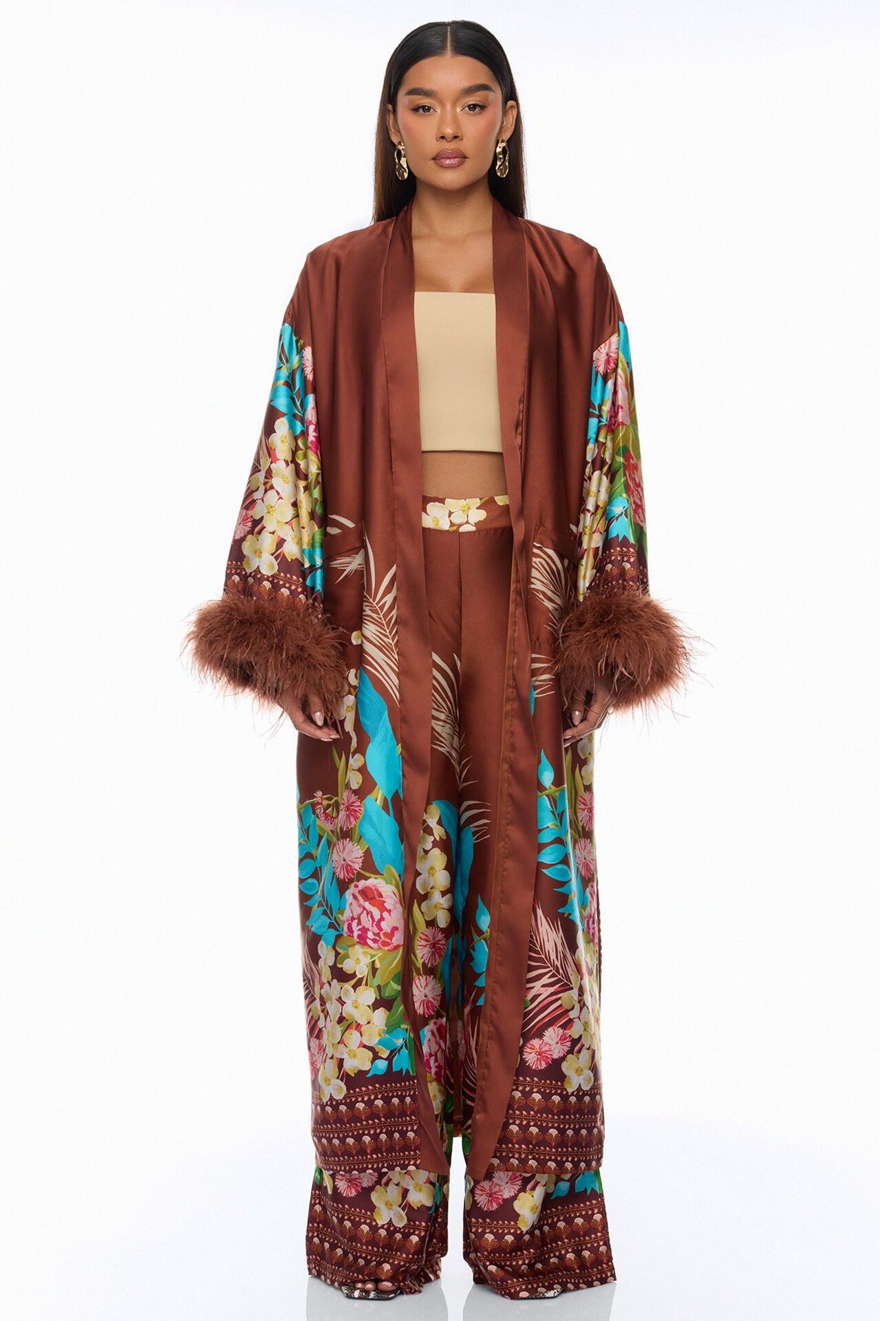 Kassidy Feathered Satin Pant 2 Piece Set - Brown