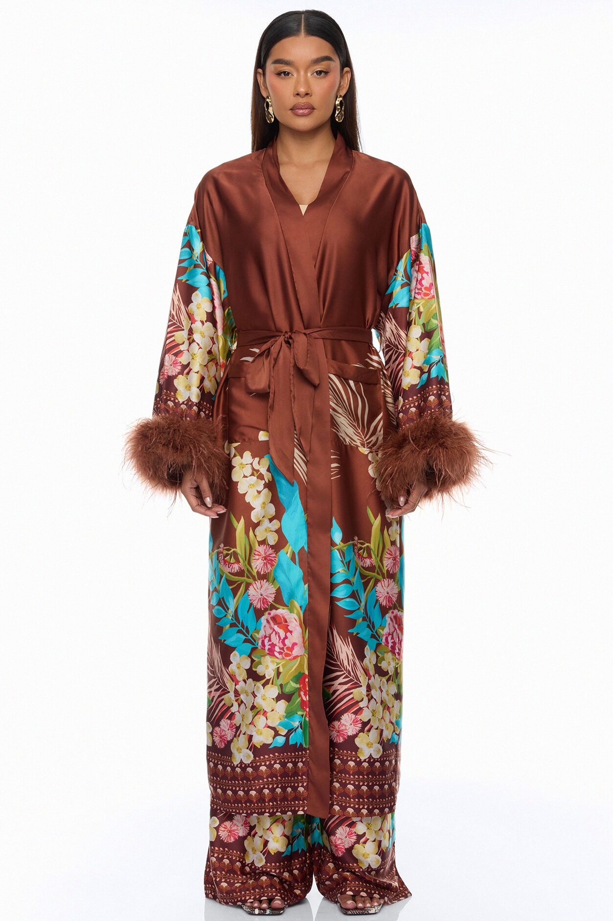Kassidy Feathered Satin Pant 2 Piece Set - Brown