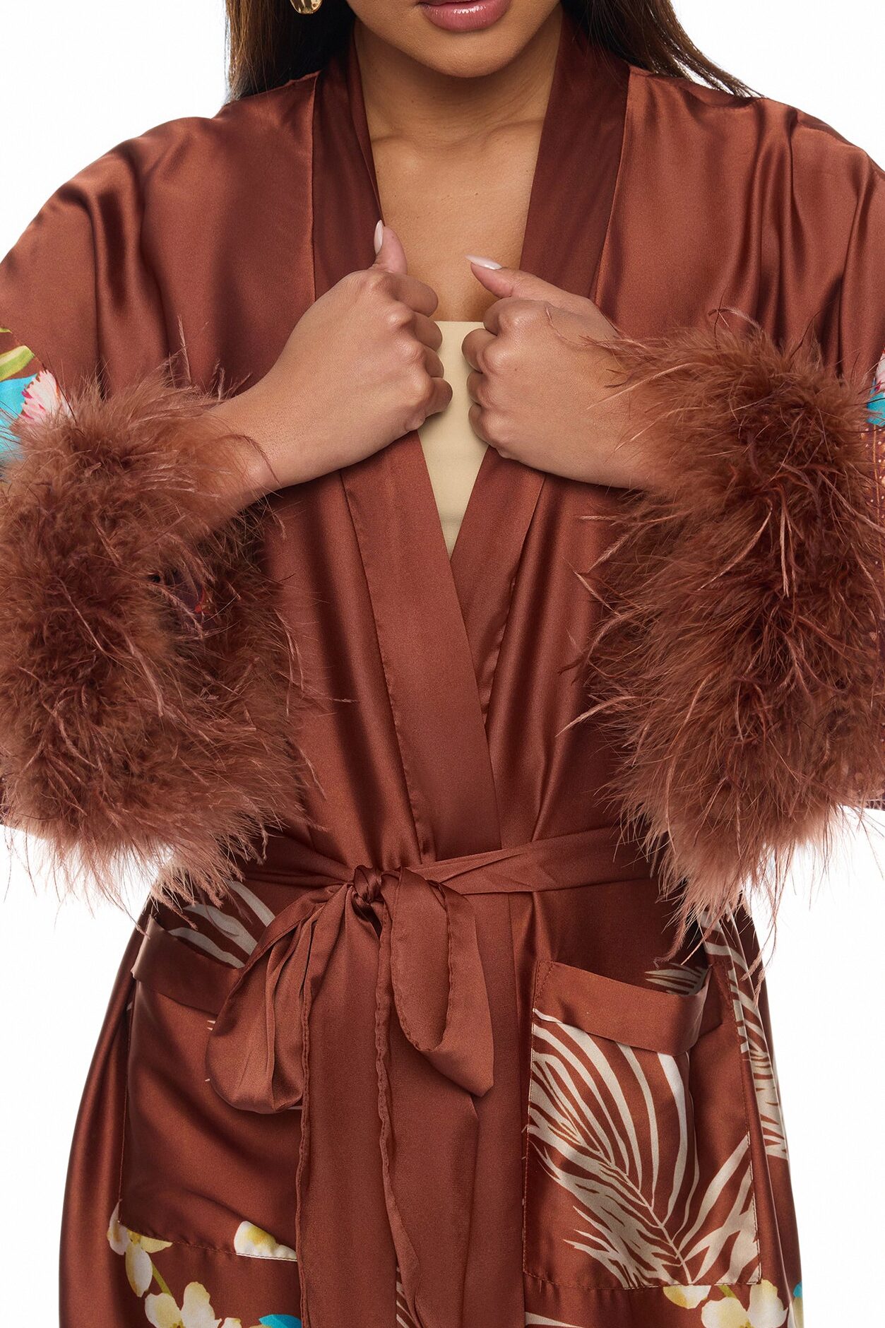 Kassidy Feathered Satin Pant 2 Piece Set - Brown