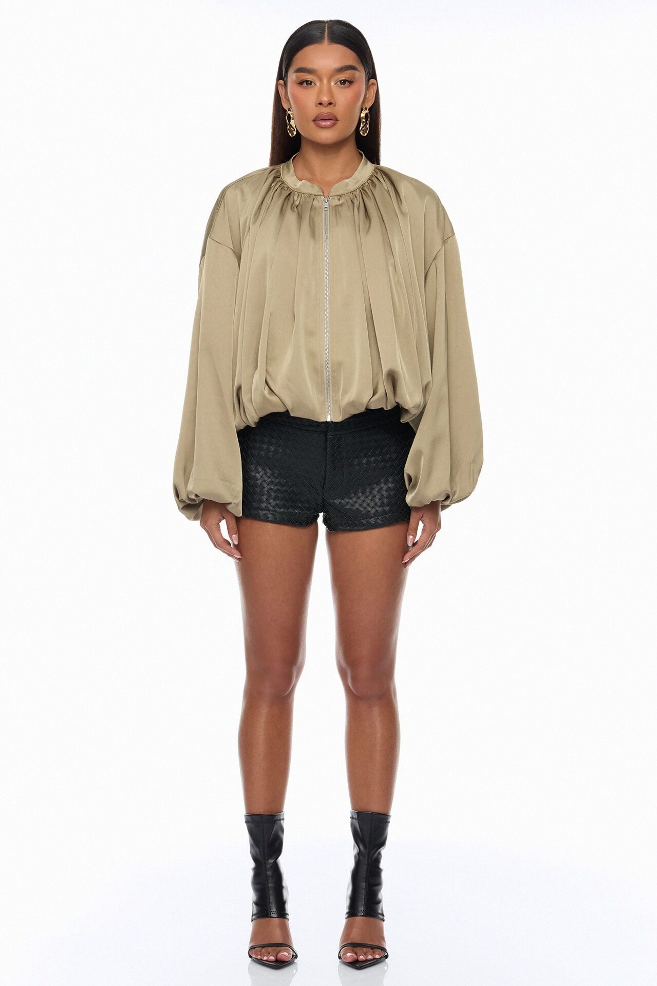 Marianna Balloon Sleeve Satin Jacket - Sage
