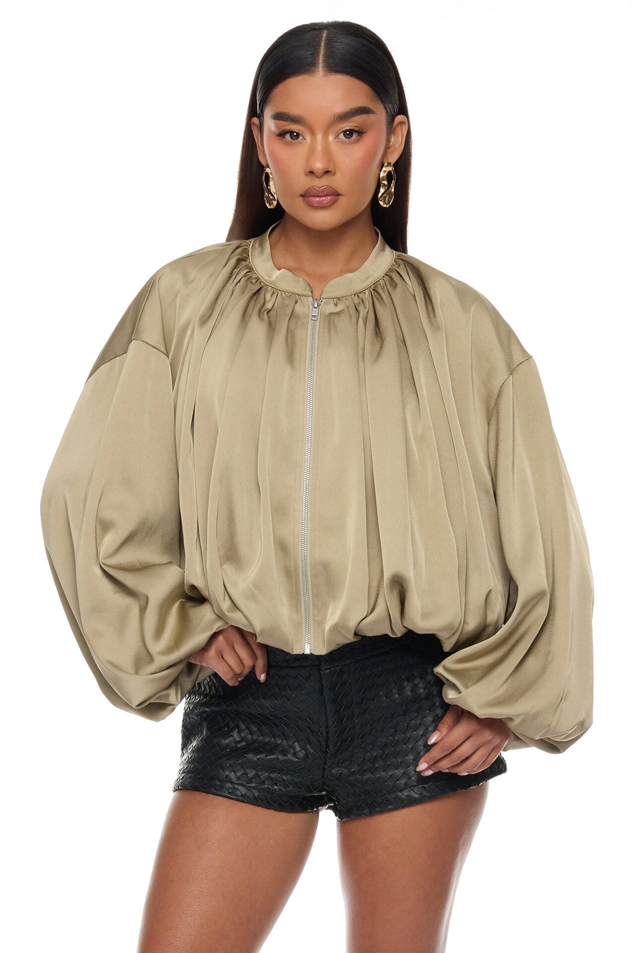 Marianna Balloon Sleeve Satin Jacket - Sage