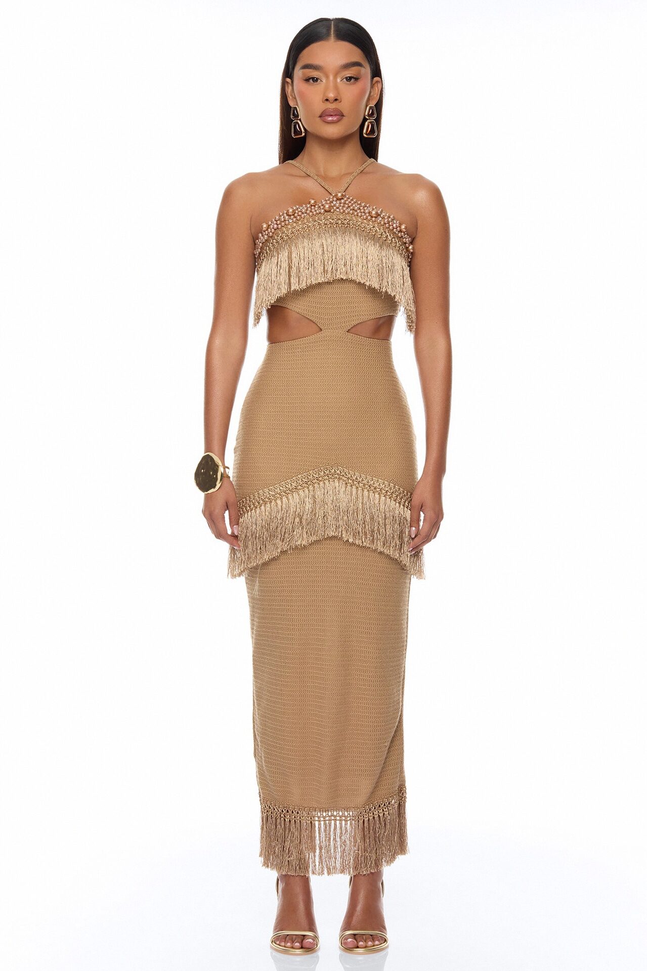 Mika Embellished Fringe Crochet Maxi Dress - Brown