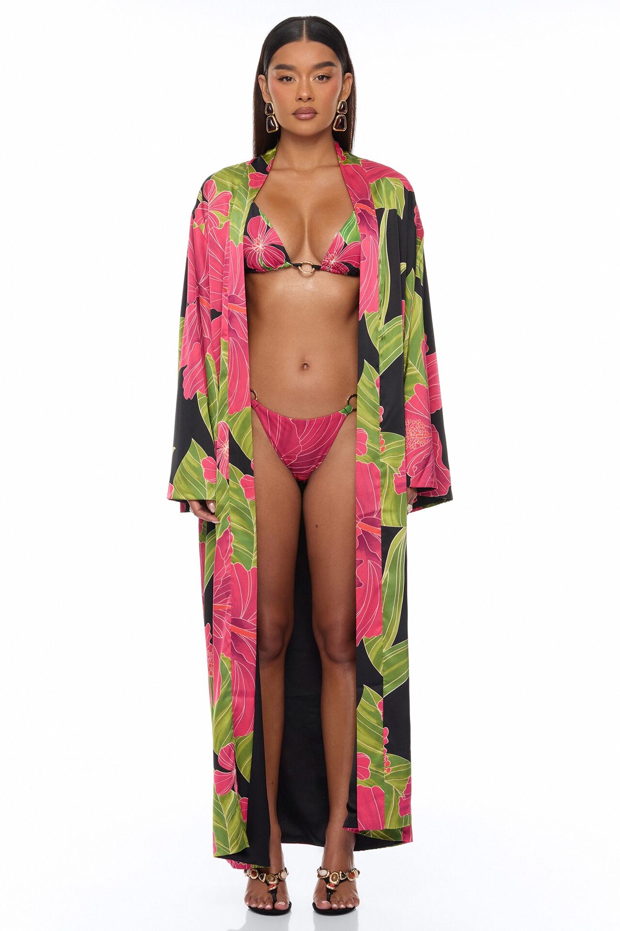 Tropic Oasis Vacation Kimono Bikini 3 Piece Set - Black/combo