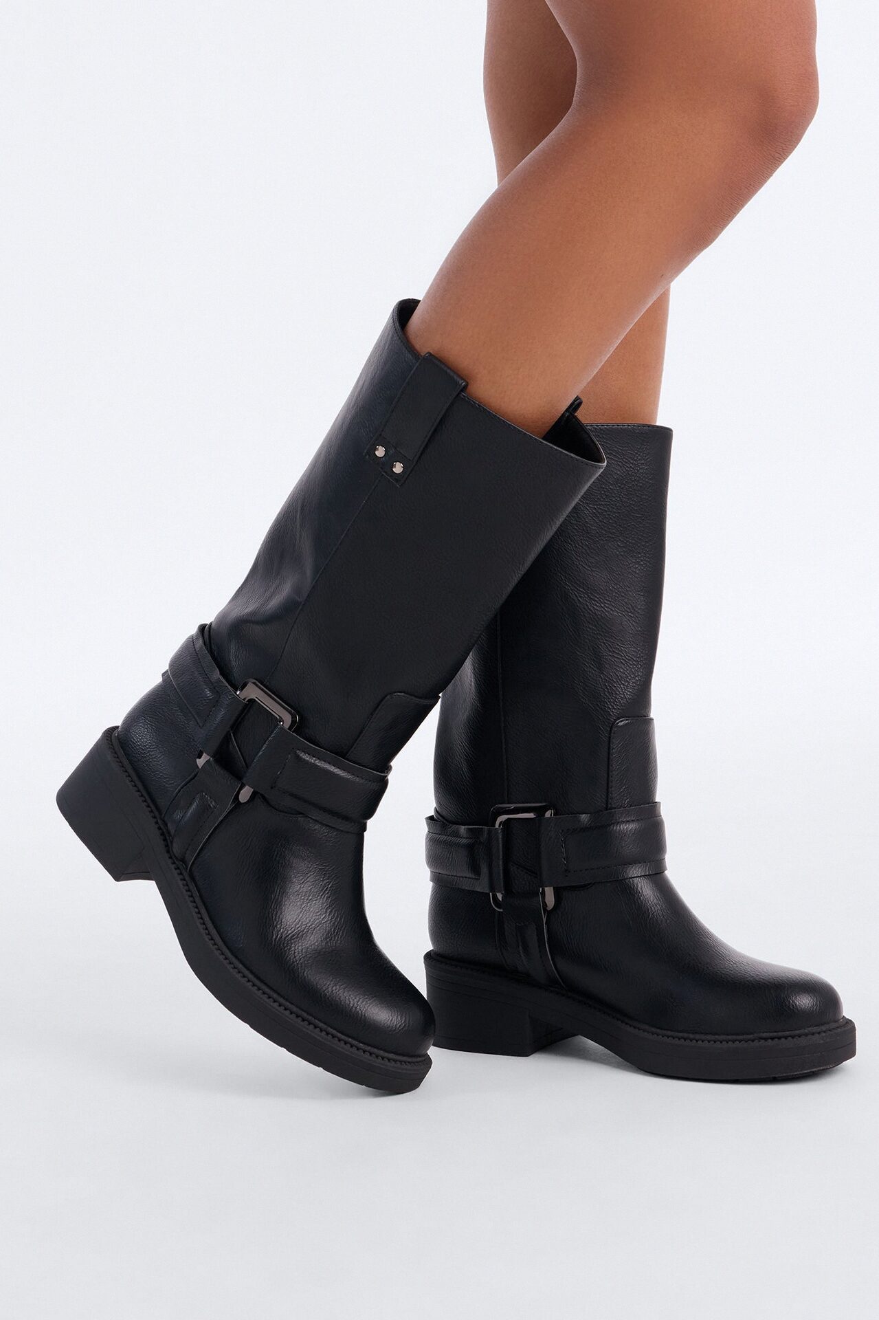 Malia Knee High Moto Boots - Black