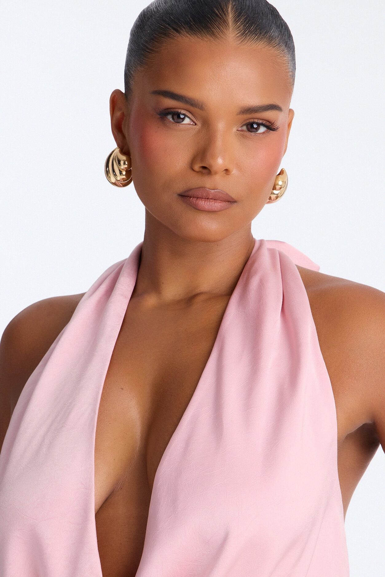 Slightly Chaotic Surplice Neck Satin Halter Top - Pink