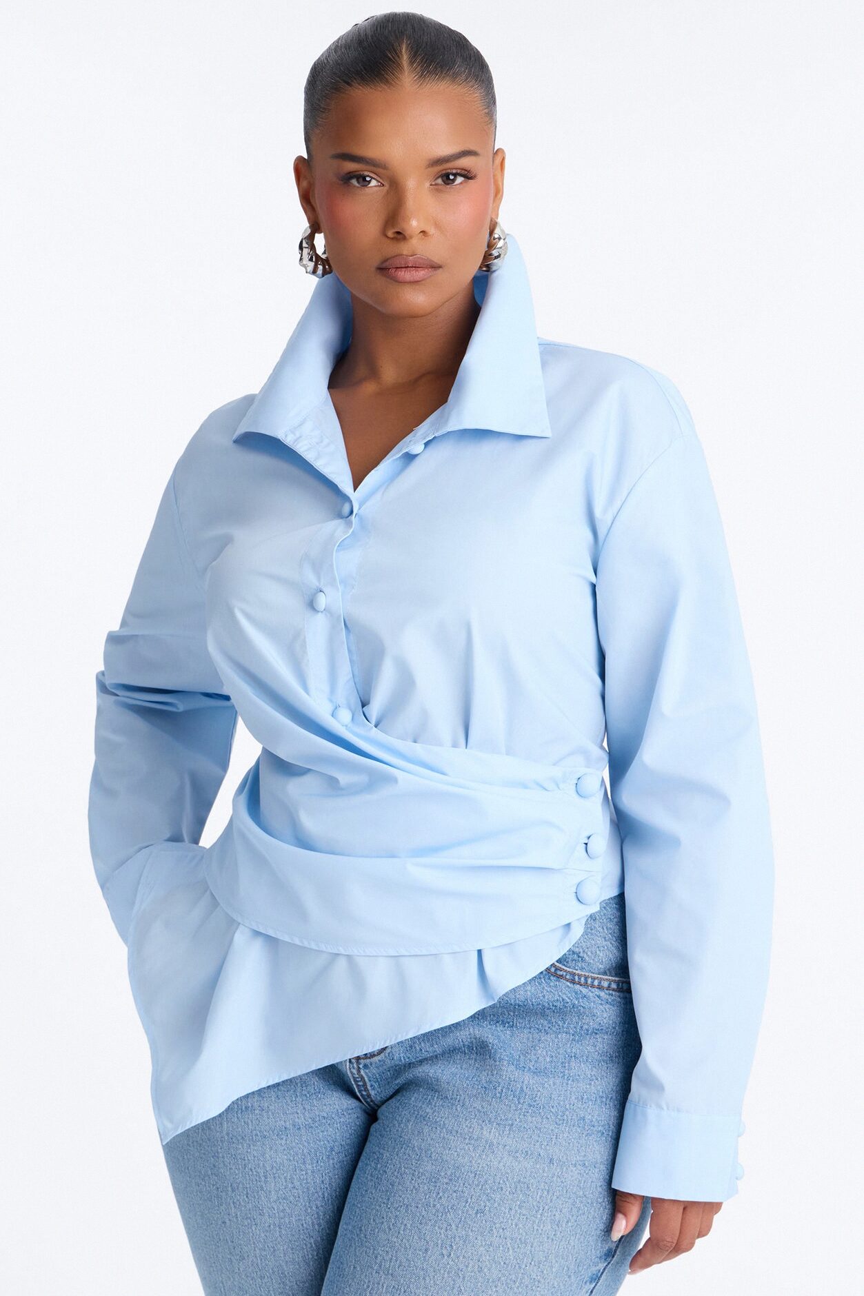 Late For Work Asymmetrical Poplin Shirt - Blue