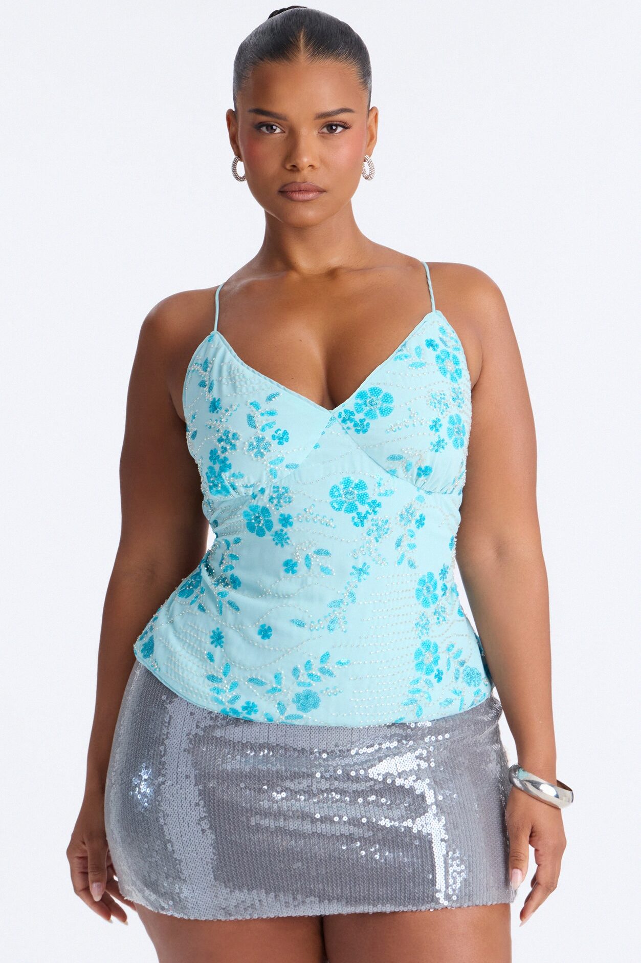 Catch Me Front Row Sequin Strappy Back Top - Light Blue