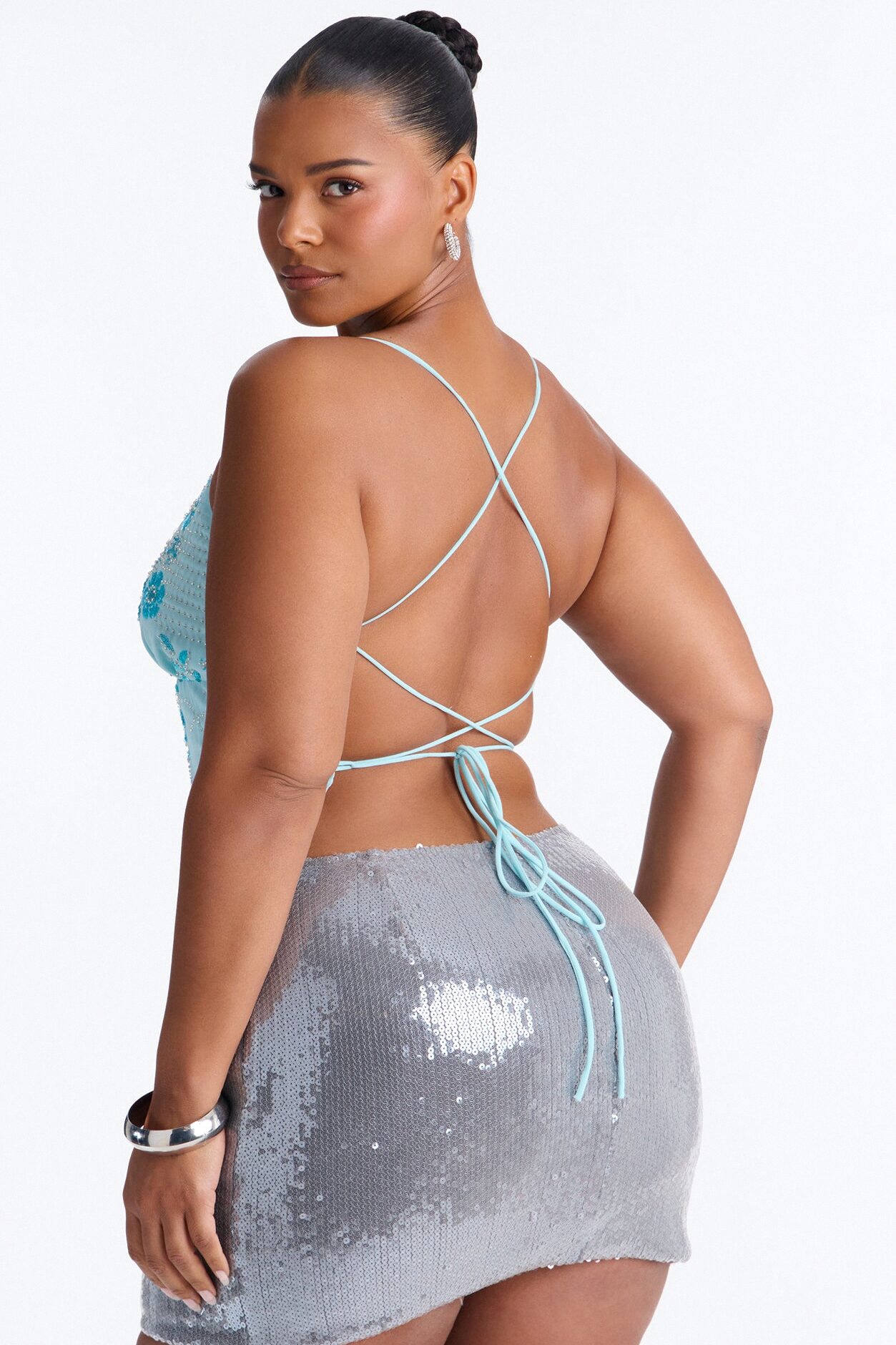 Catch Me Front Row Sequin Strappy Back Top - Light Blue