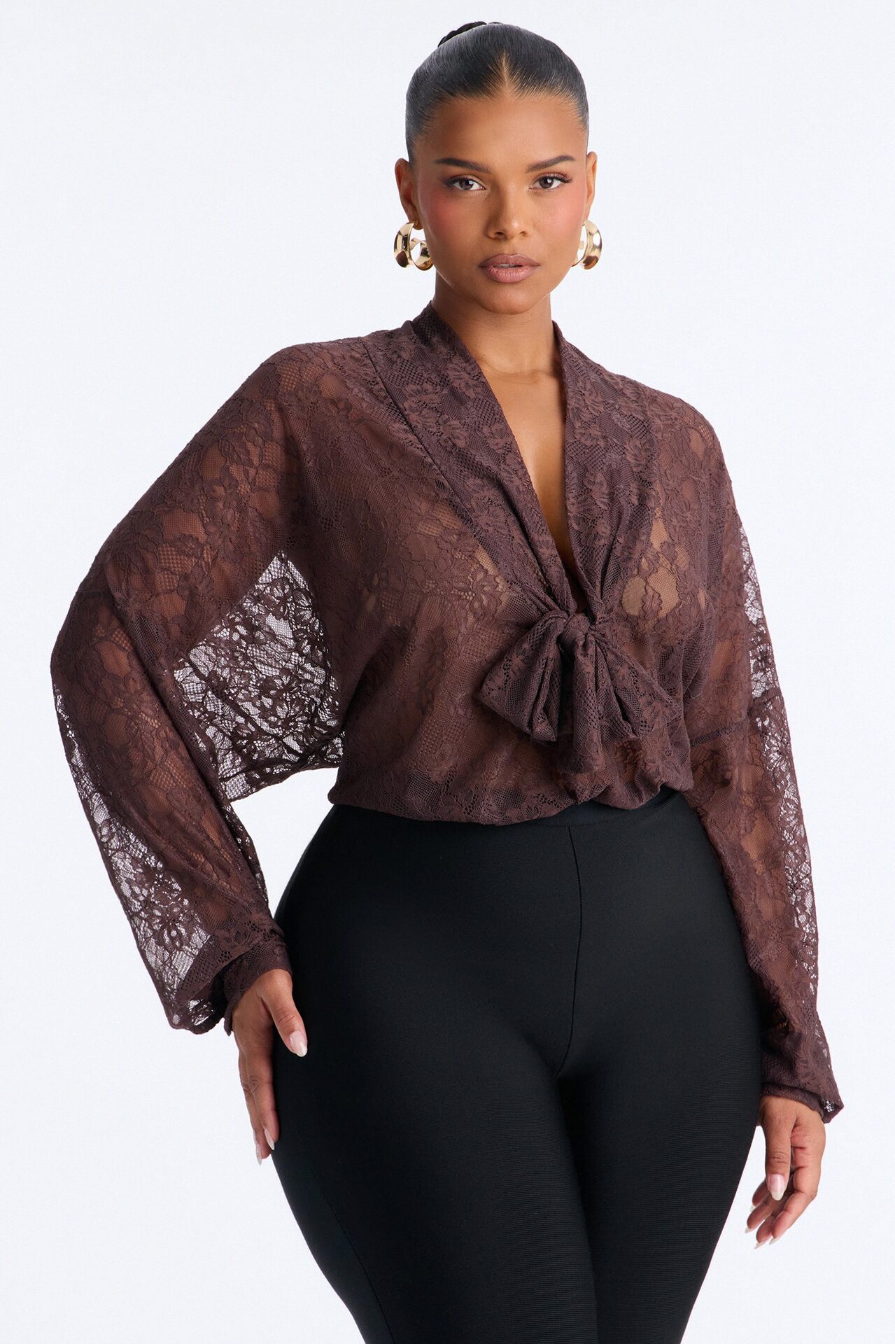 Chic And Out Long Sleeve Lace Bodysuit - Chocolate