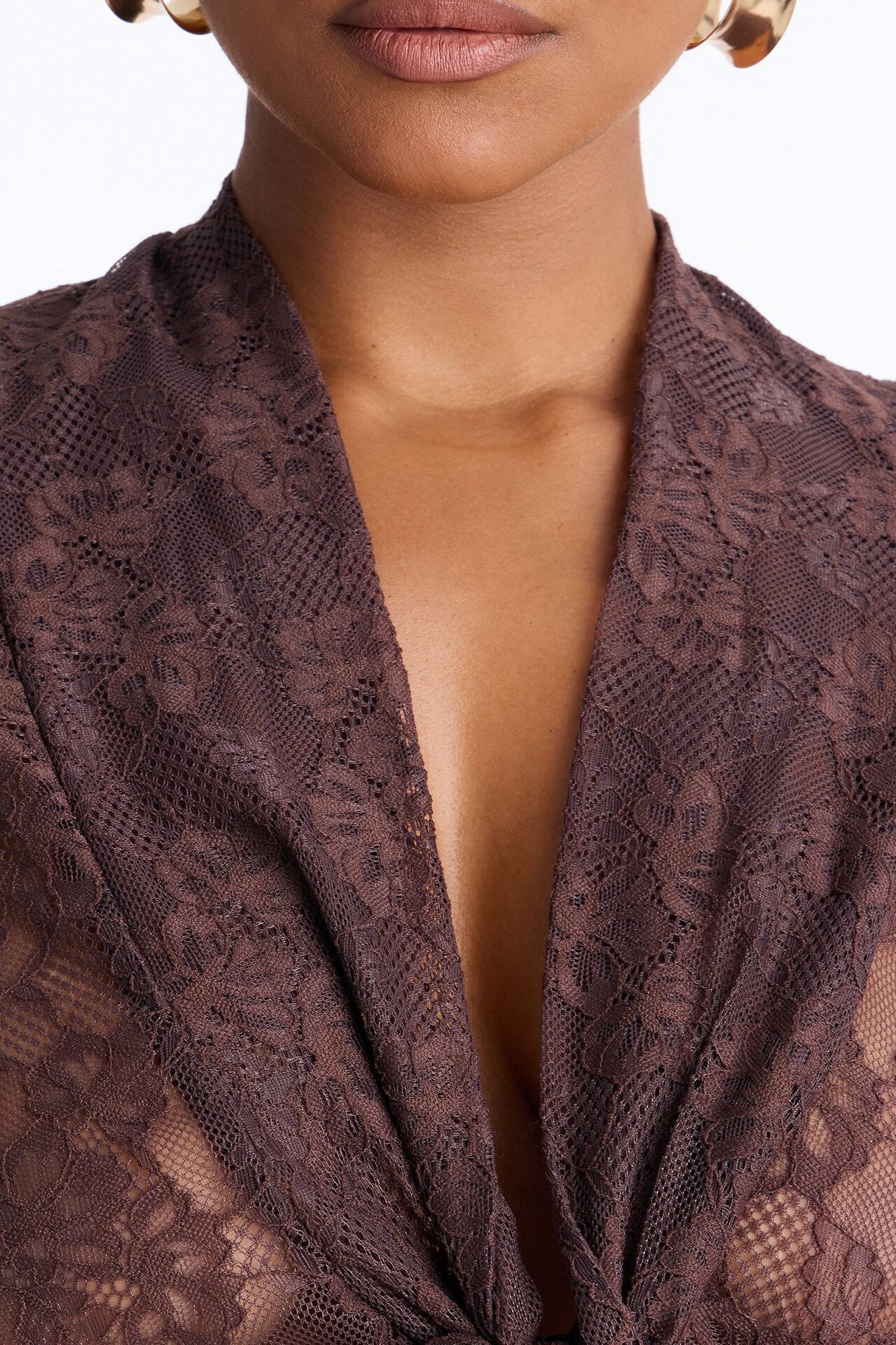 Chic And Out Long Sleeve Lace Bodysuit - Chocolate