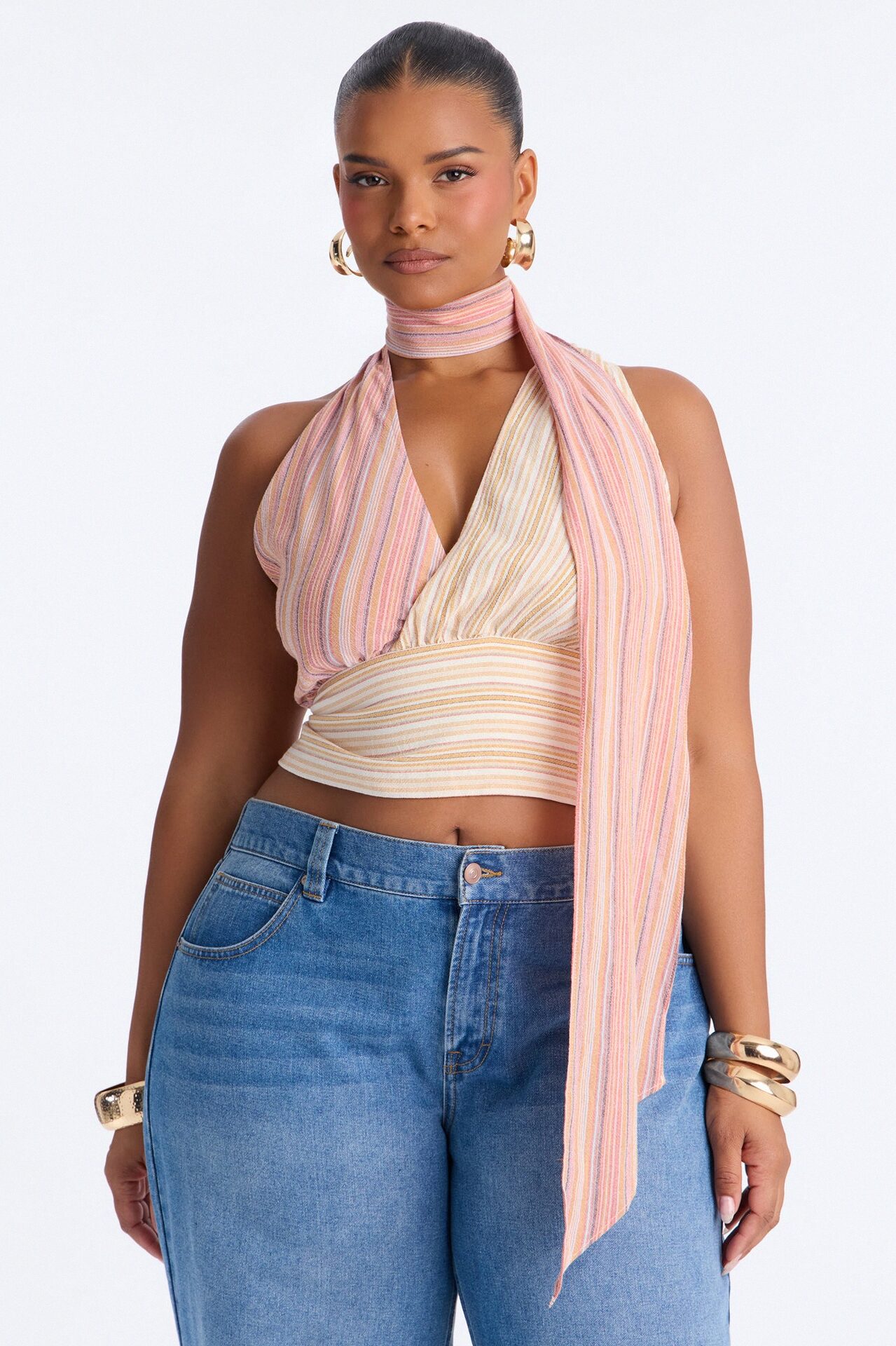 Heatwave Babe Striped Linen Scarf Top - Orange/combo