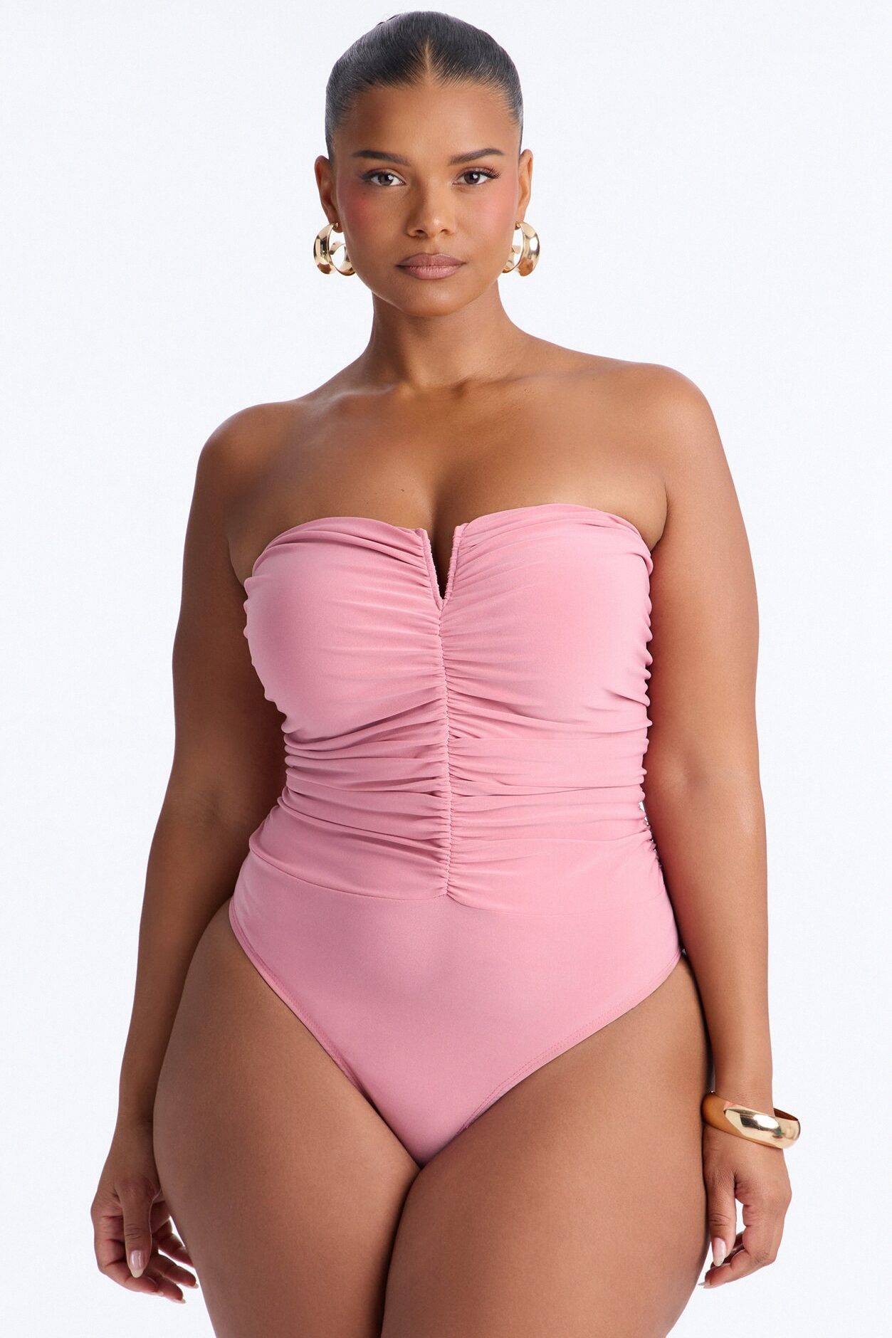 Gentle Blossom Ruched Notch Neck Strapless Bodysuit - Blush