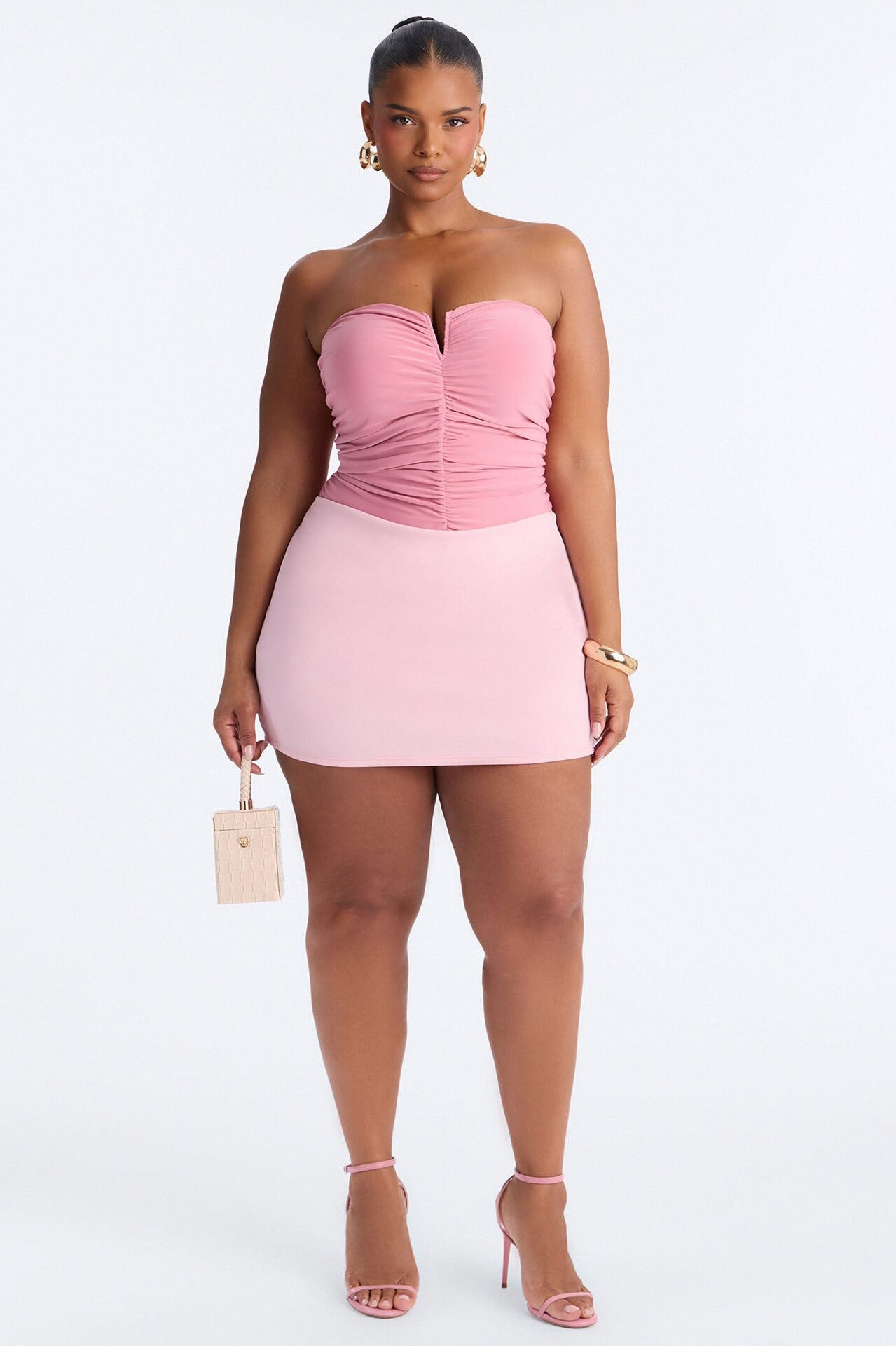 Gentle Blossom Ruched Notch Neck Strapless Bodysuit - Blush