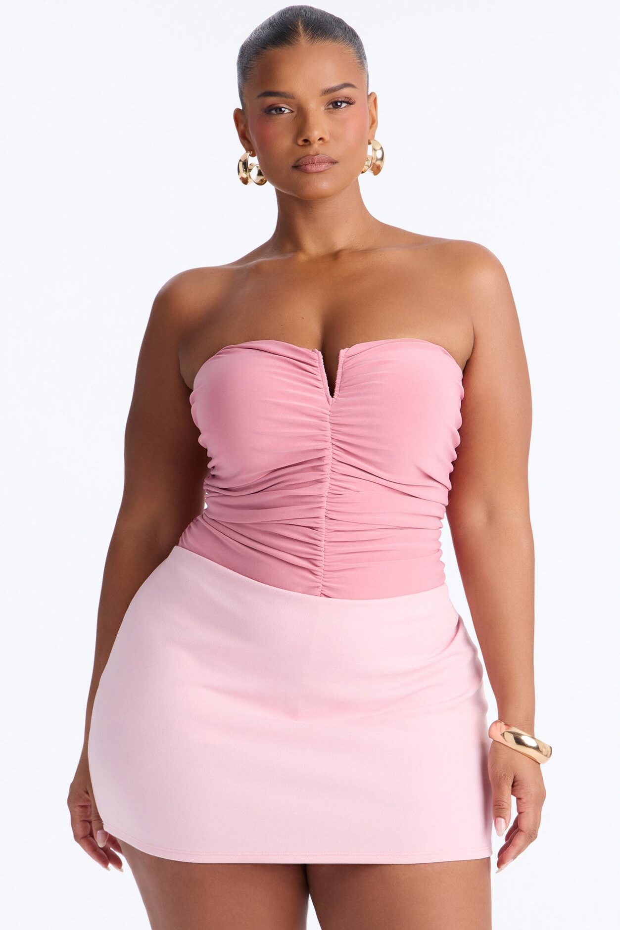 Gentle Blossom Ruched Notch Neck Strapless Bodysuit - Blush