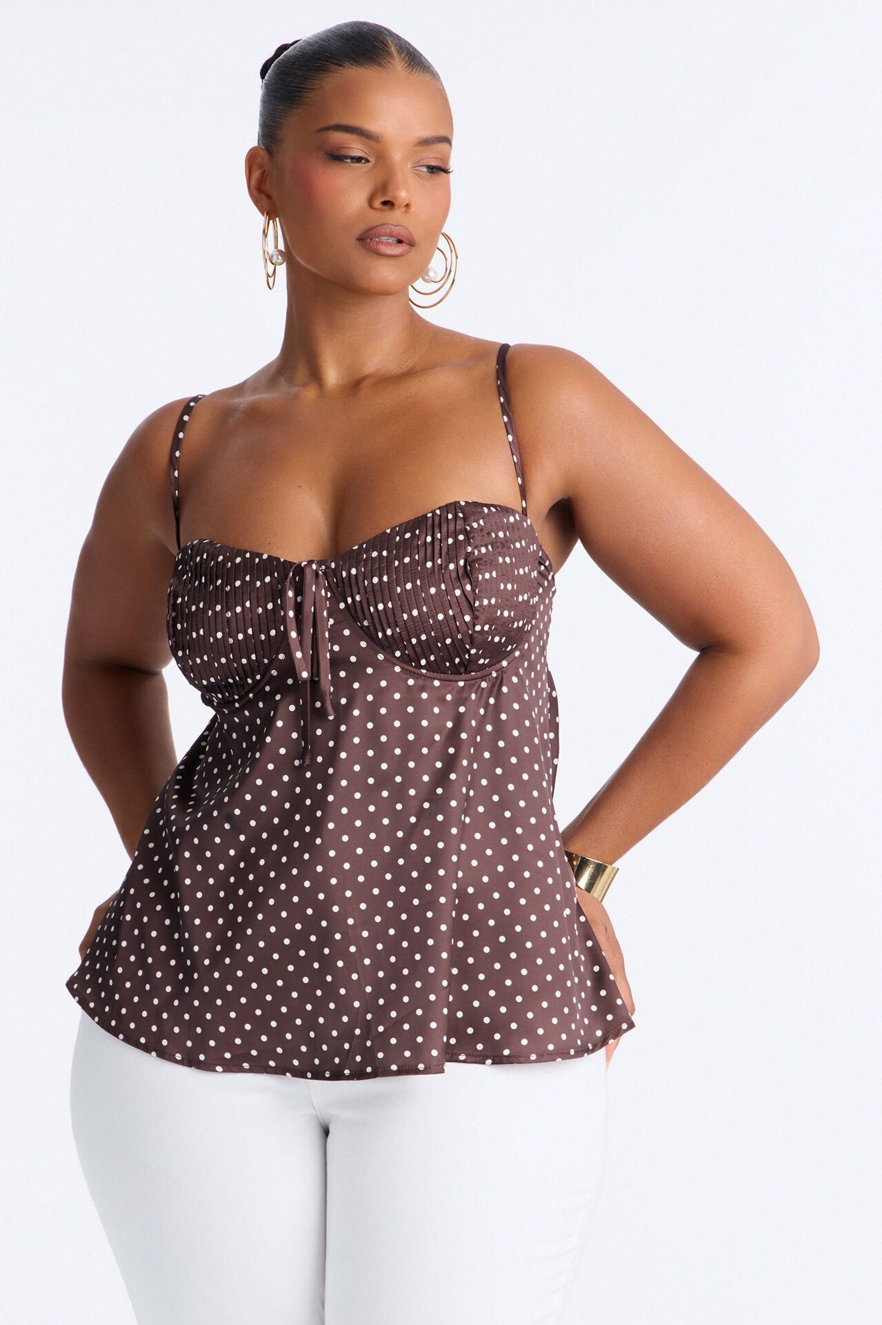 On Night Only Polka Dot Satin Top - Brown/combo