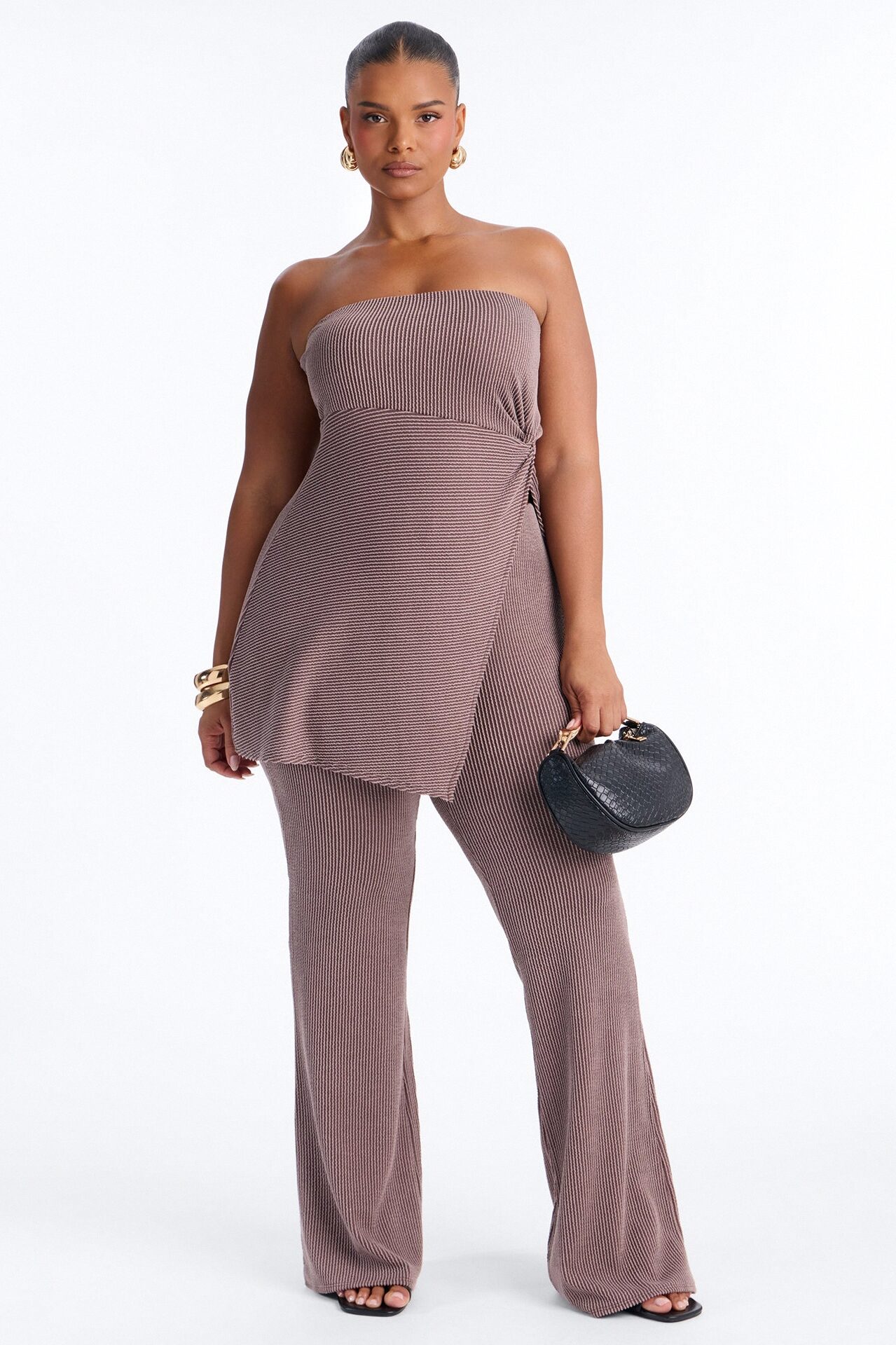 Mona Textured Strapless Flare Pant Set - Mocha
