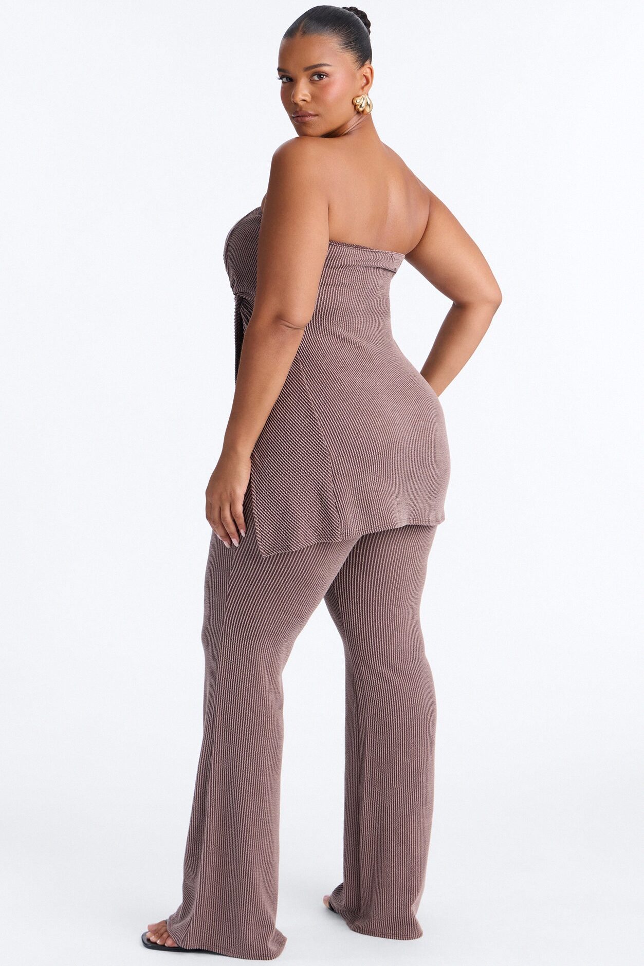 Mona Textured Strapless Flare Pant Set - Mocha