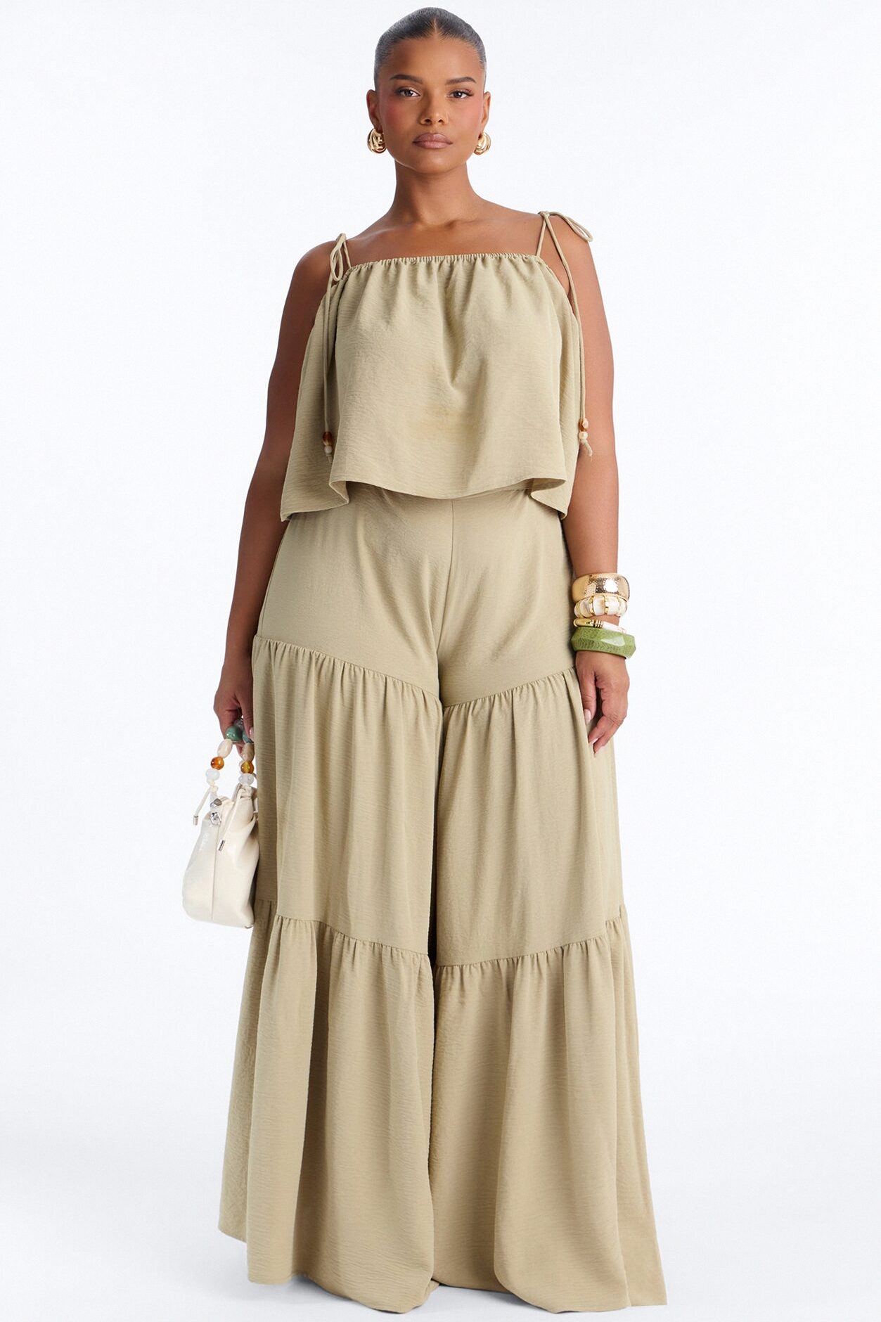 Mary Spaghetti Strap Wide Leg Pant Set - Sage
