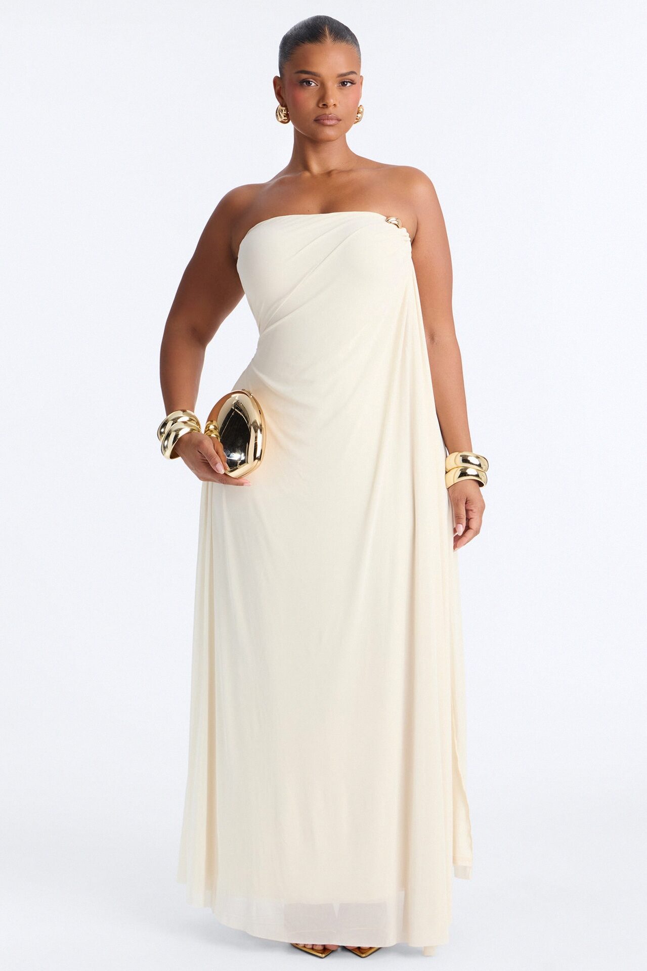 Marielle Draped Mesh Maxi Dress - Cream