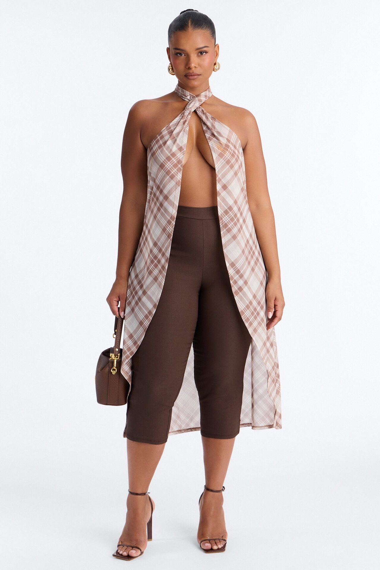 Plaid Vision Mesh Flyaway Halter Top - Cream/combo