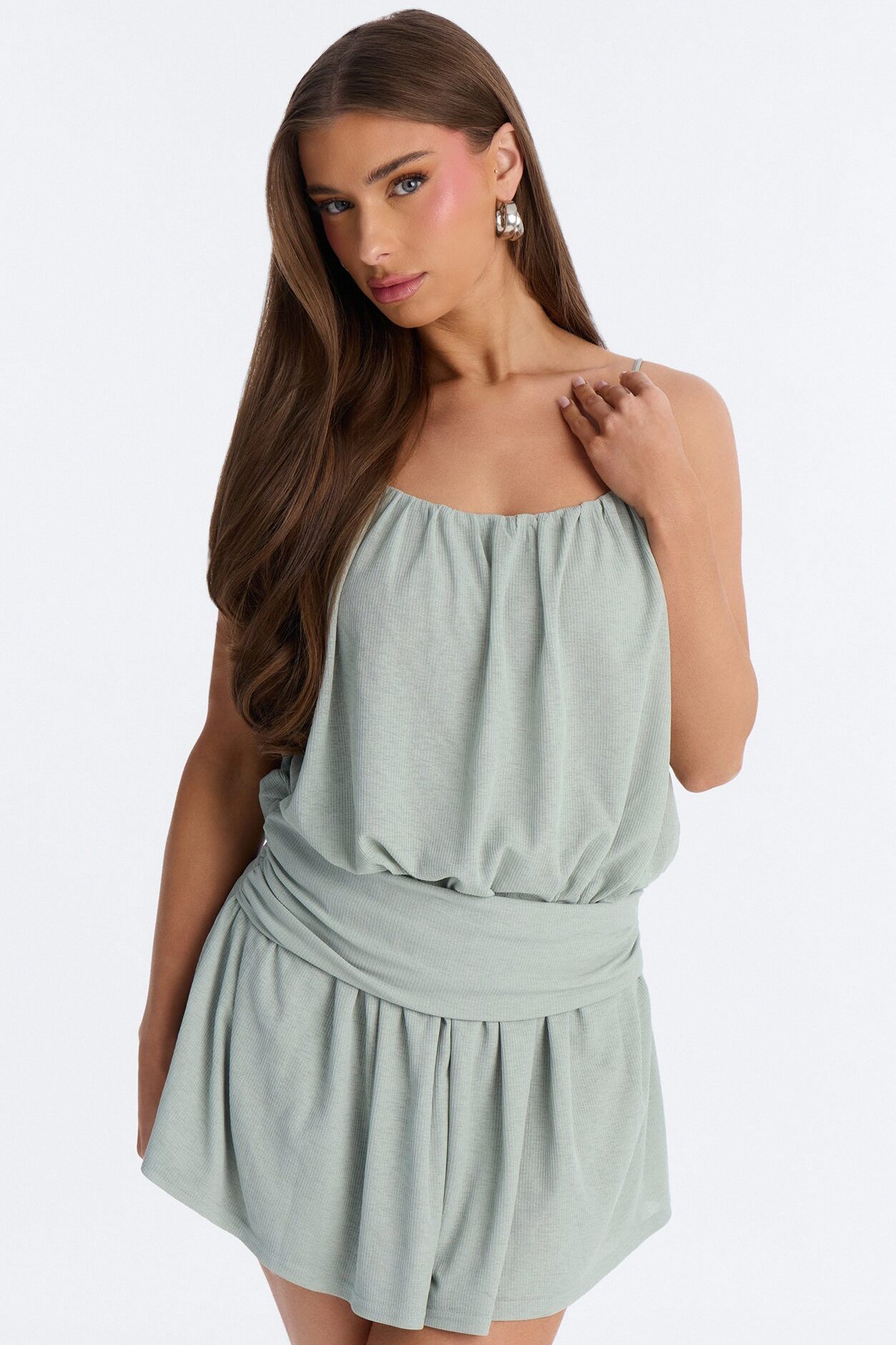 Luna Spaghetti Strap Textured Mini Dress - Sage