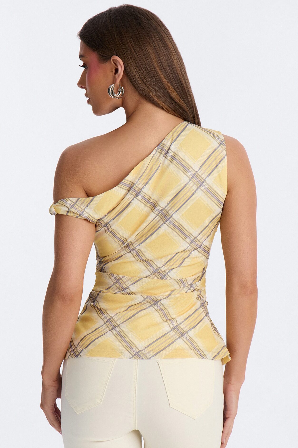Elevated Life One Shoulder Ruched Plaid Top - Yellow/combo