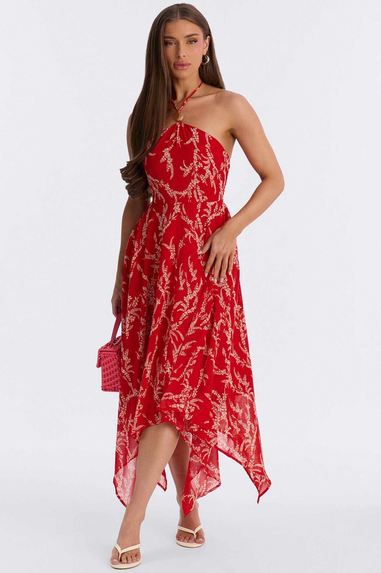 Nina Print Chiffon Midi Dress - Red/combo