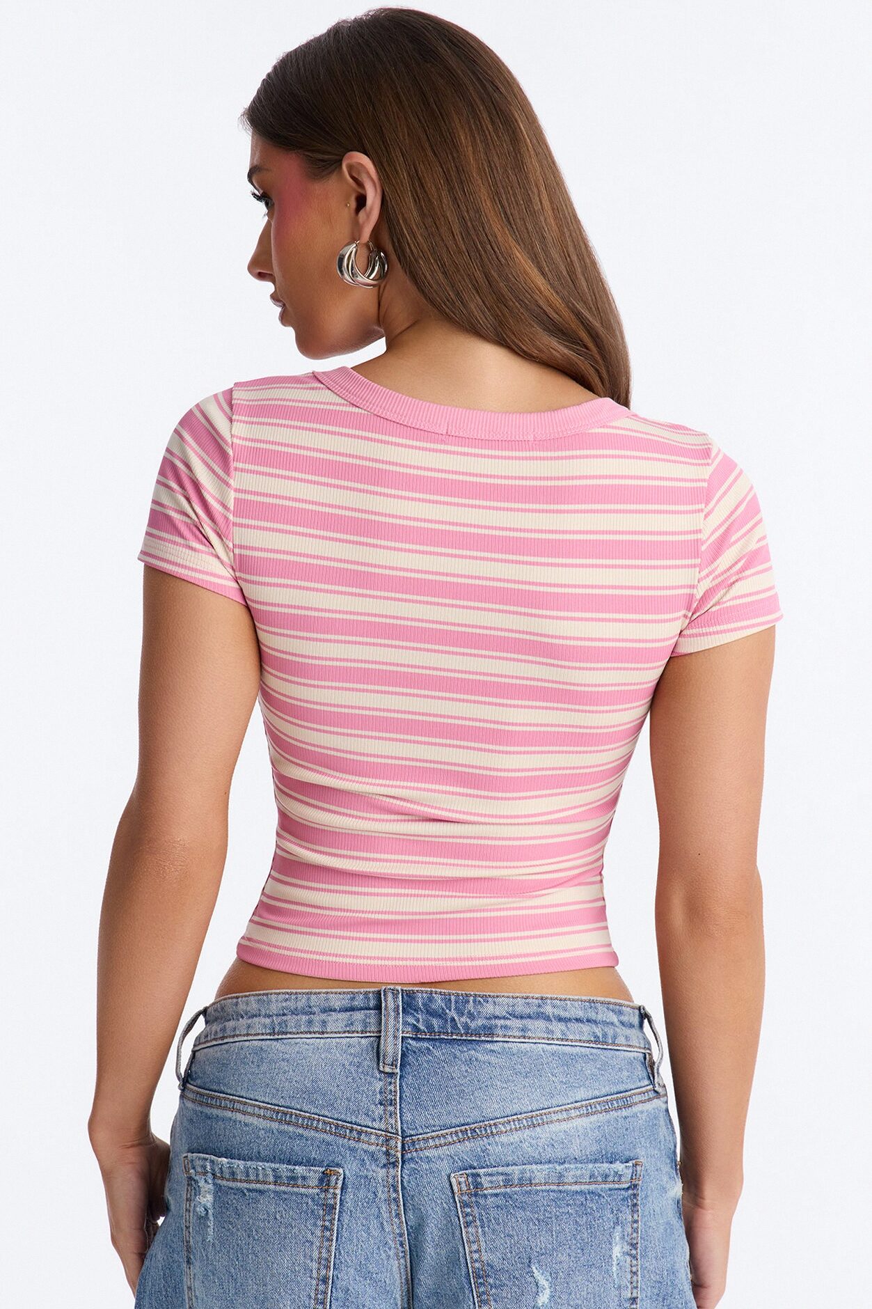 Rylee Ribbed Striped Short Sleeve Top - Pink/combo