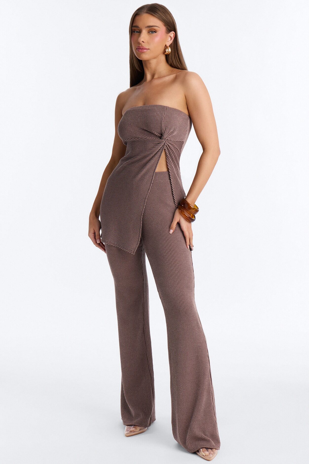 Mona Textured Strapless Flare Pant Set - Mocha