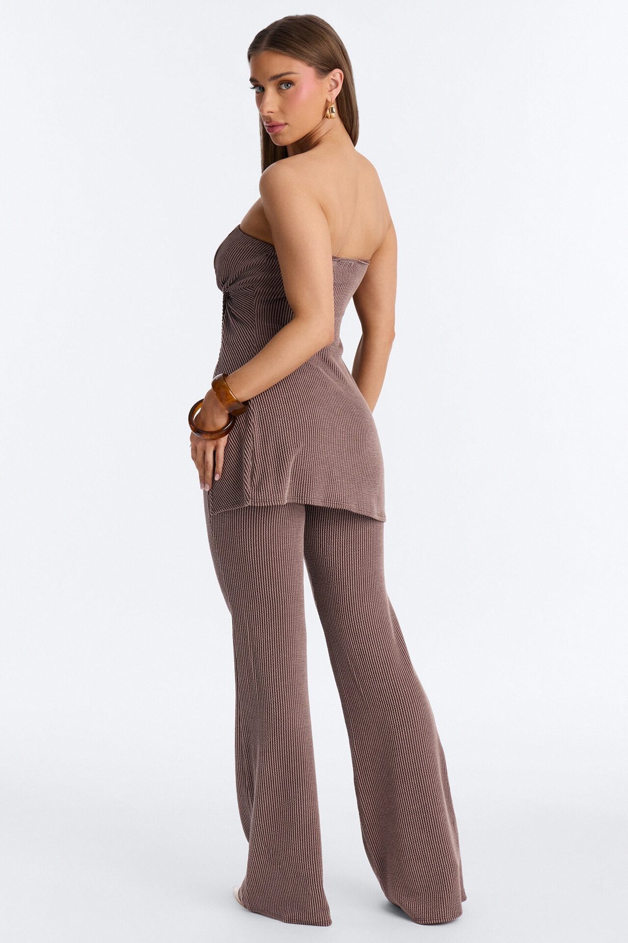 Mona Textured Strapless Flare Pant Set - Mocha