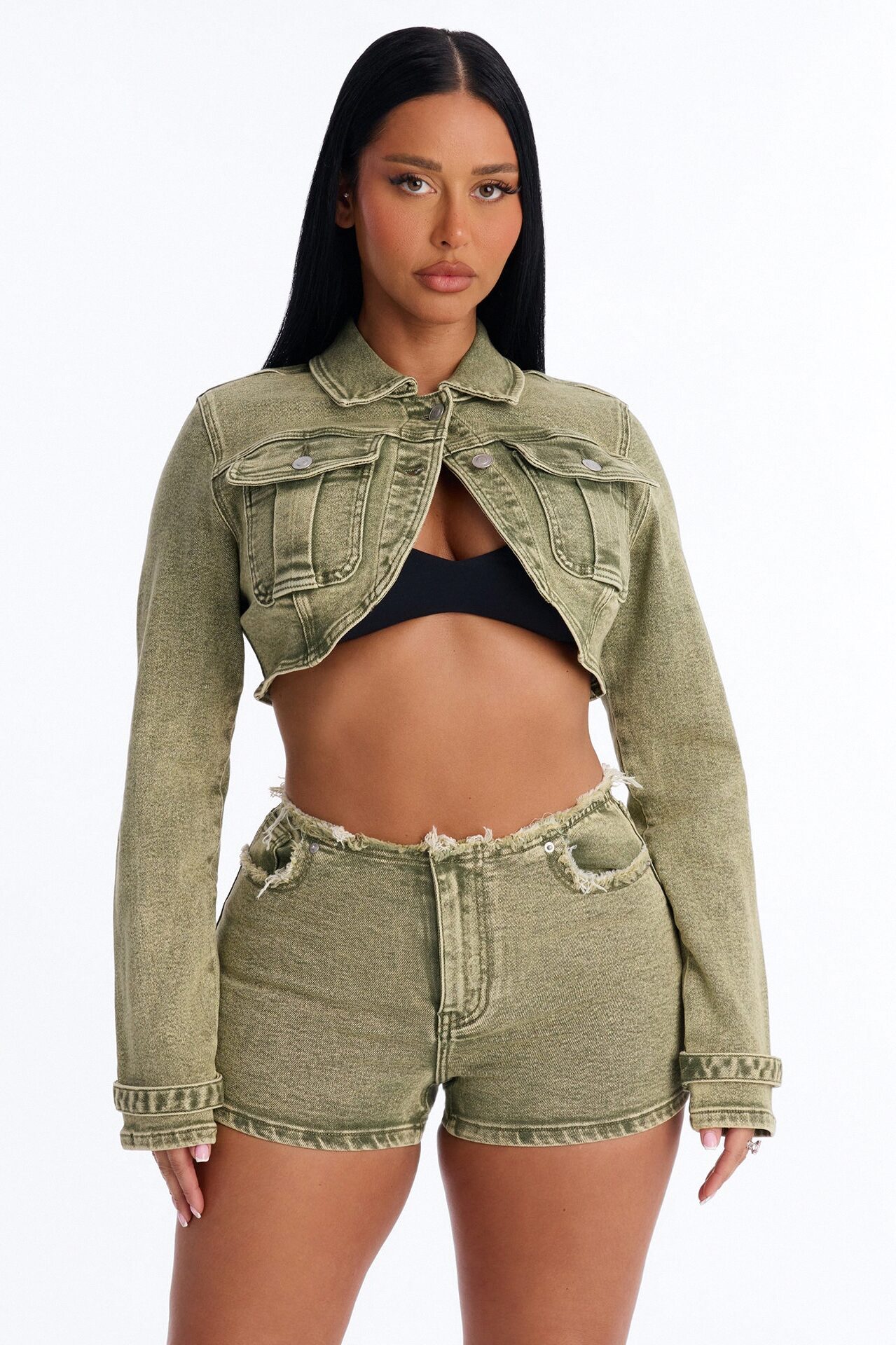 Highly Motivated Stretch Denim Bolero Jacket - Olive