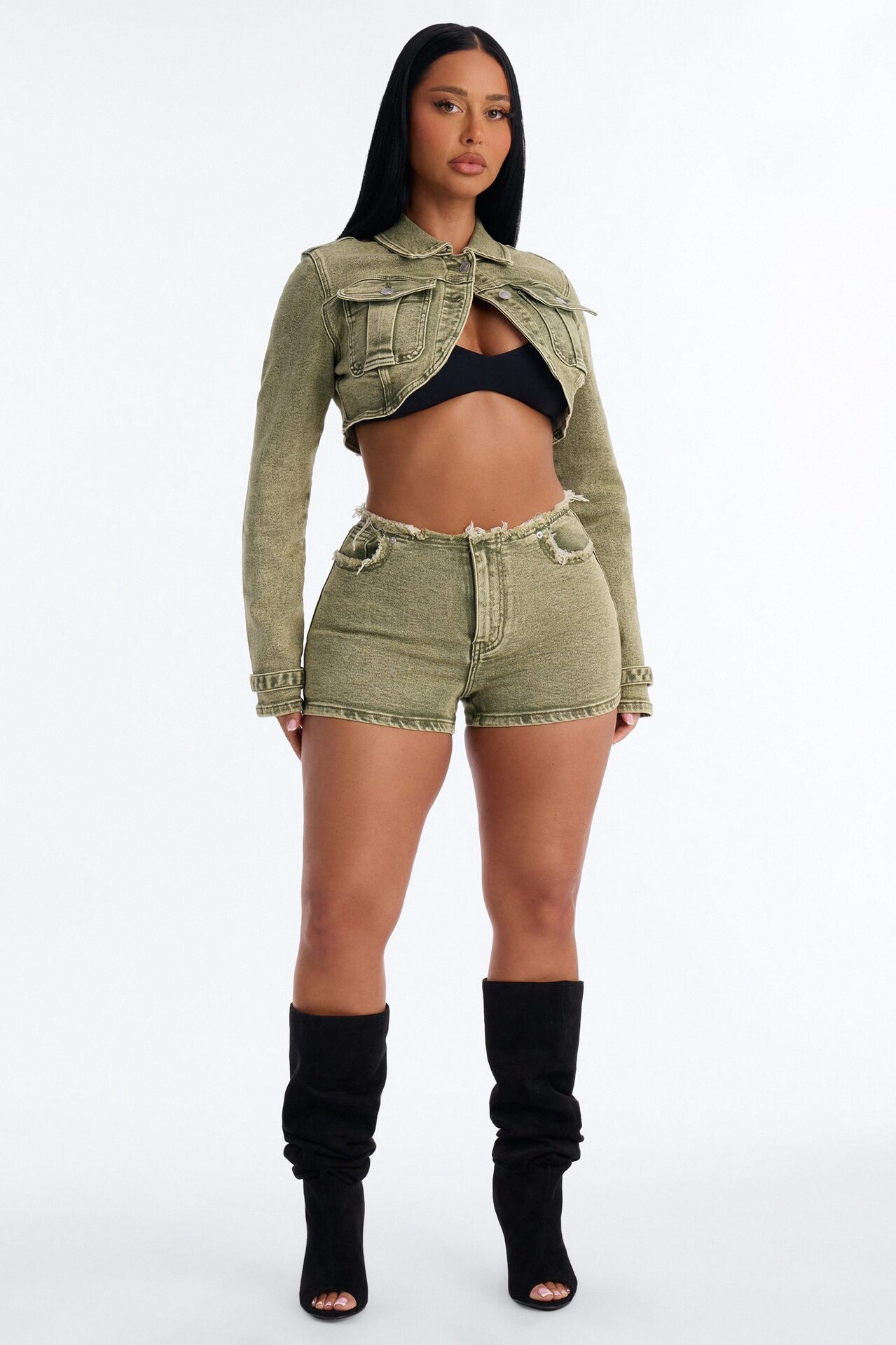 Highly Motivated Stretch Denim Bolero Jacket - Olive