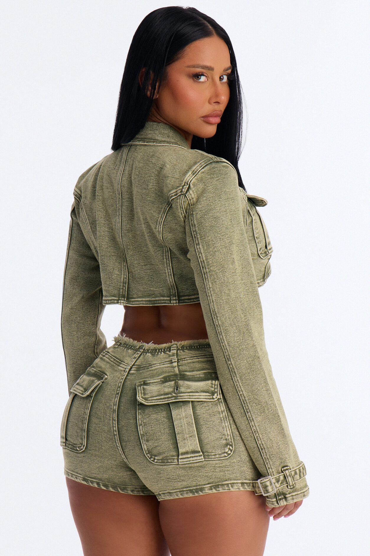 Highly Motivated Stretch Denim Bolero Jacket - Olive
