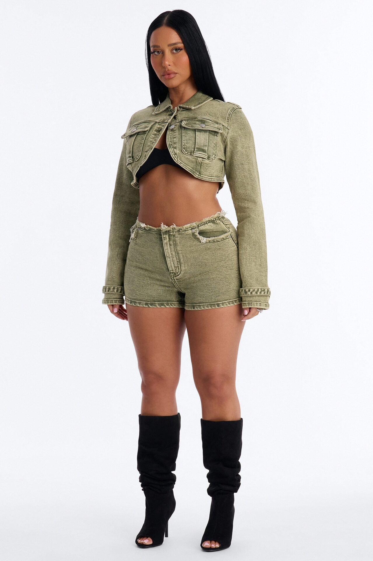 Highly Motivated Stretch Denim Shorts - Olive