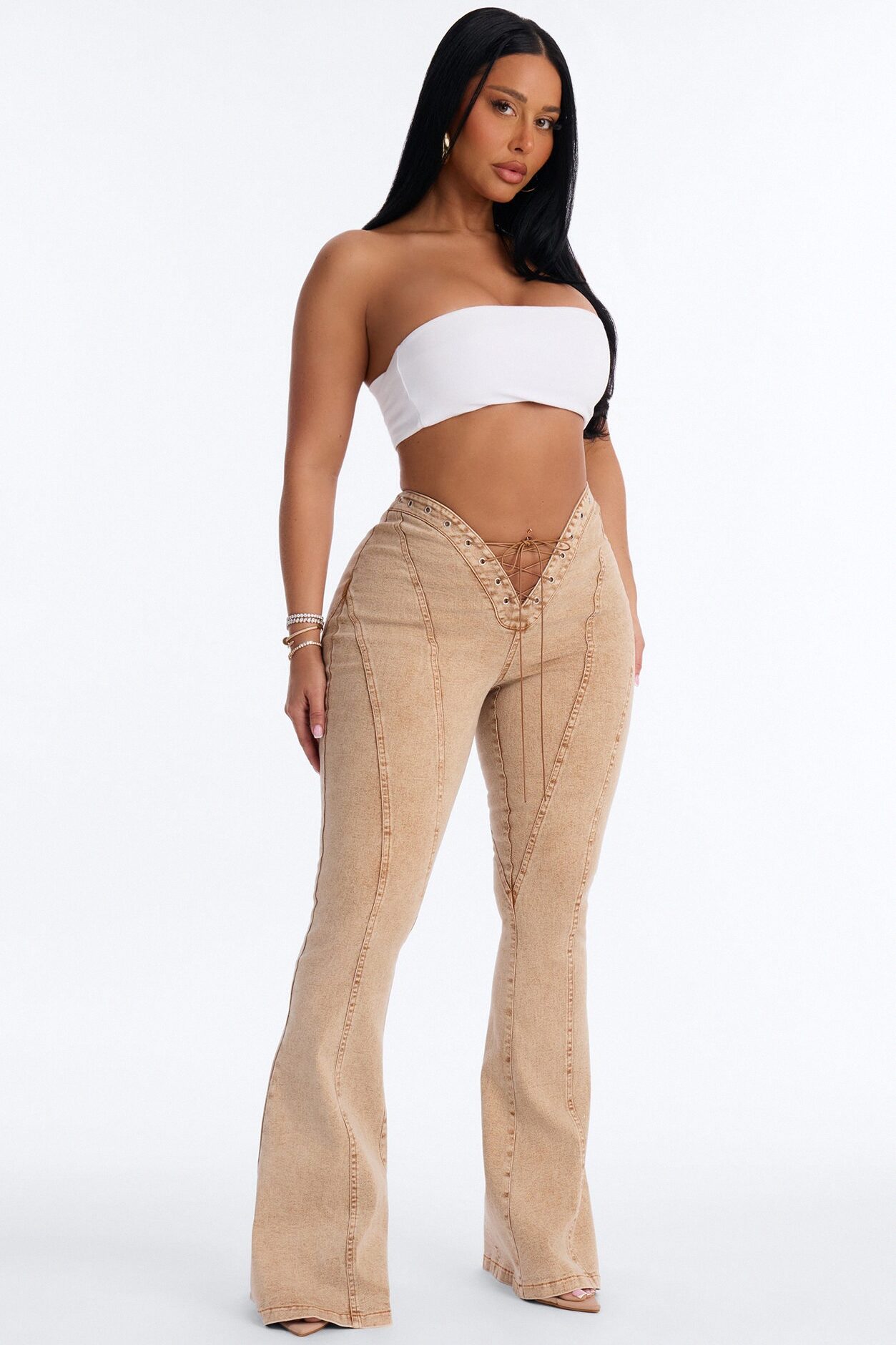 Run this Town Lace Up Washed Flared Pant - Brown