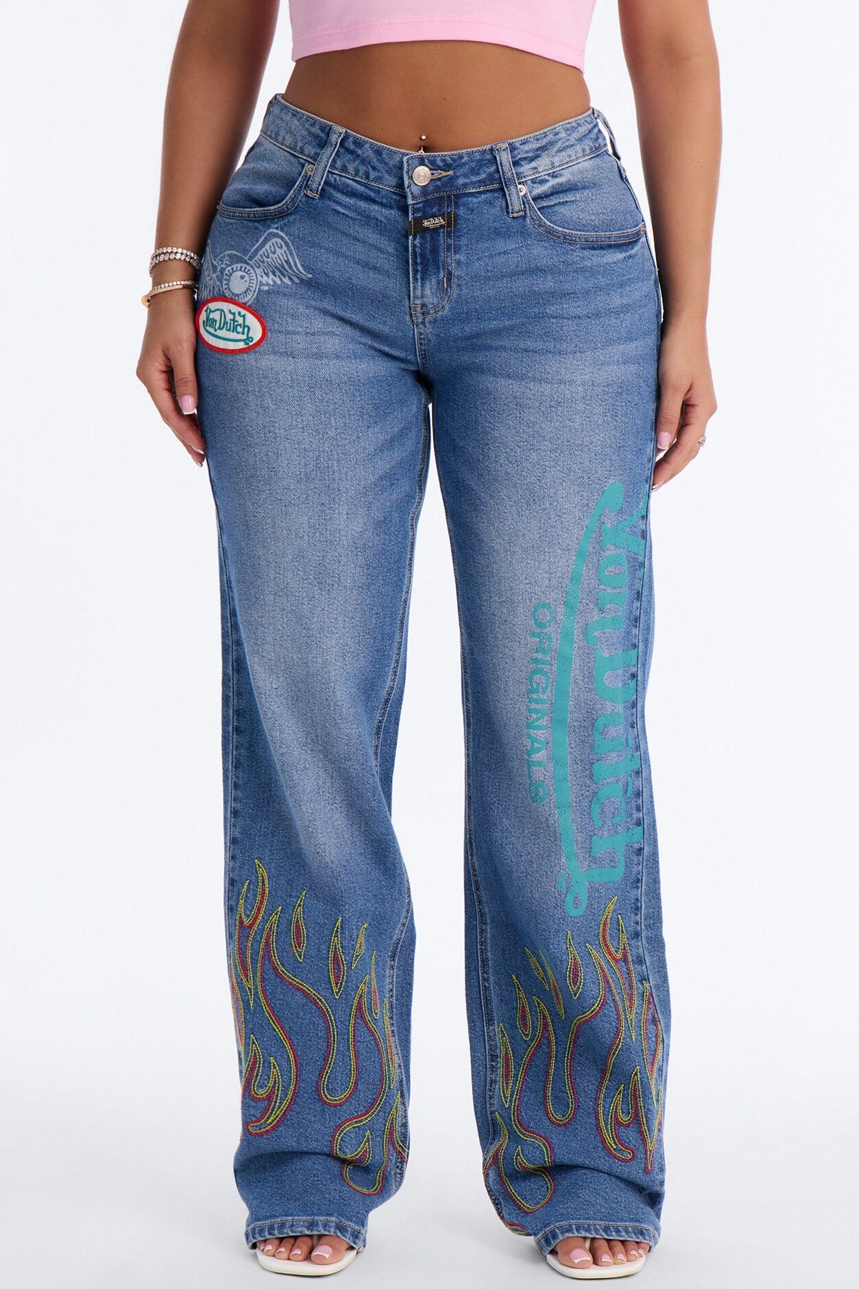 Von Dutch Flame Print Straight Leg Jeans - Medium Wash