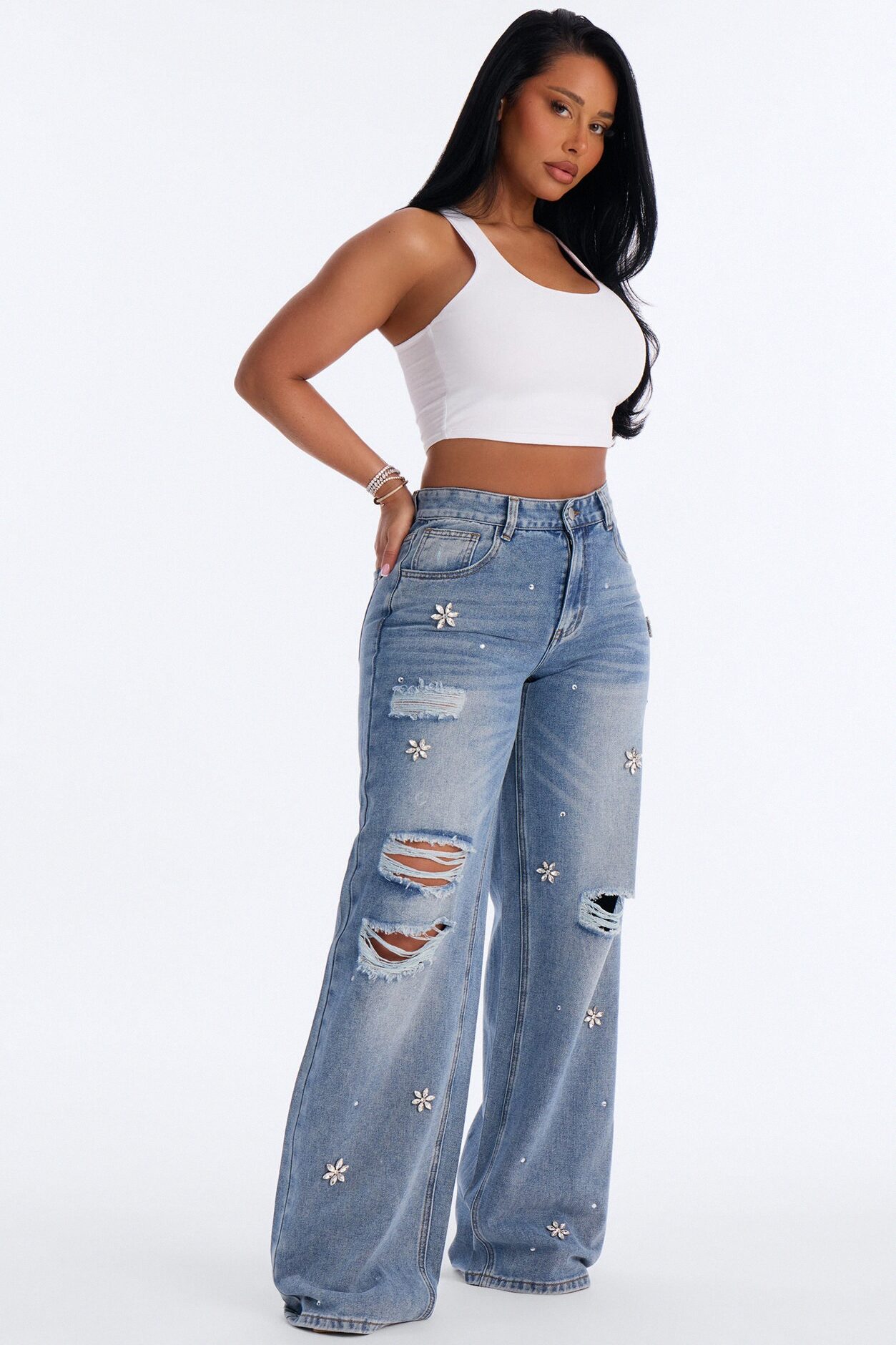Always Delicate Floral Embellished Wide Leg Jeans - Medium Wash
