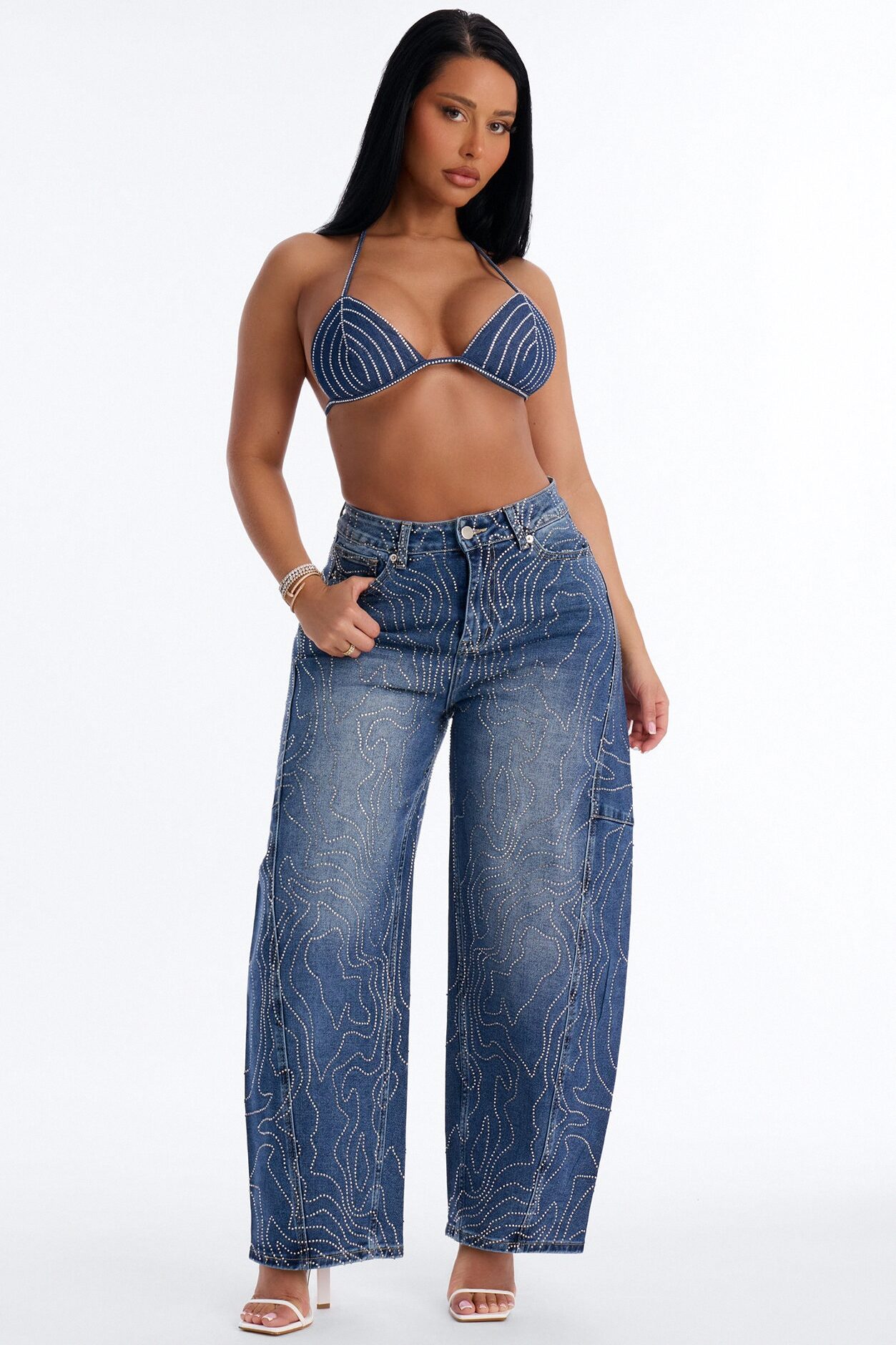 Nolita Nights Embellished Barrel Jeans - Dark Wash