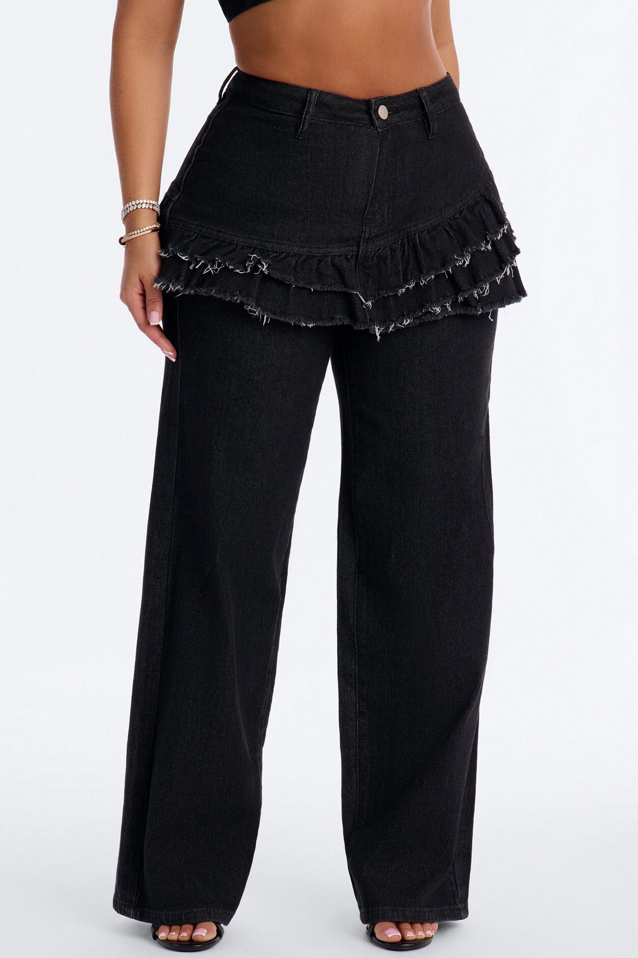 Throw It Back Skirt Overlay Jeans - Black Wash