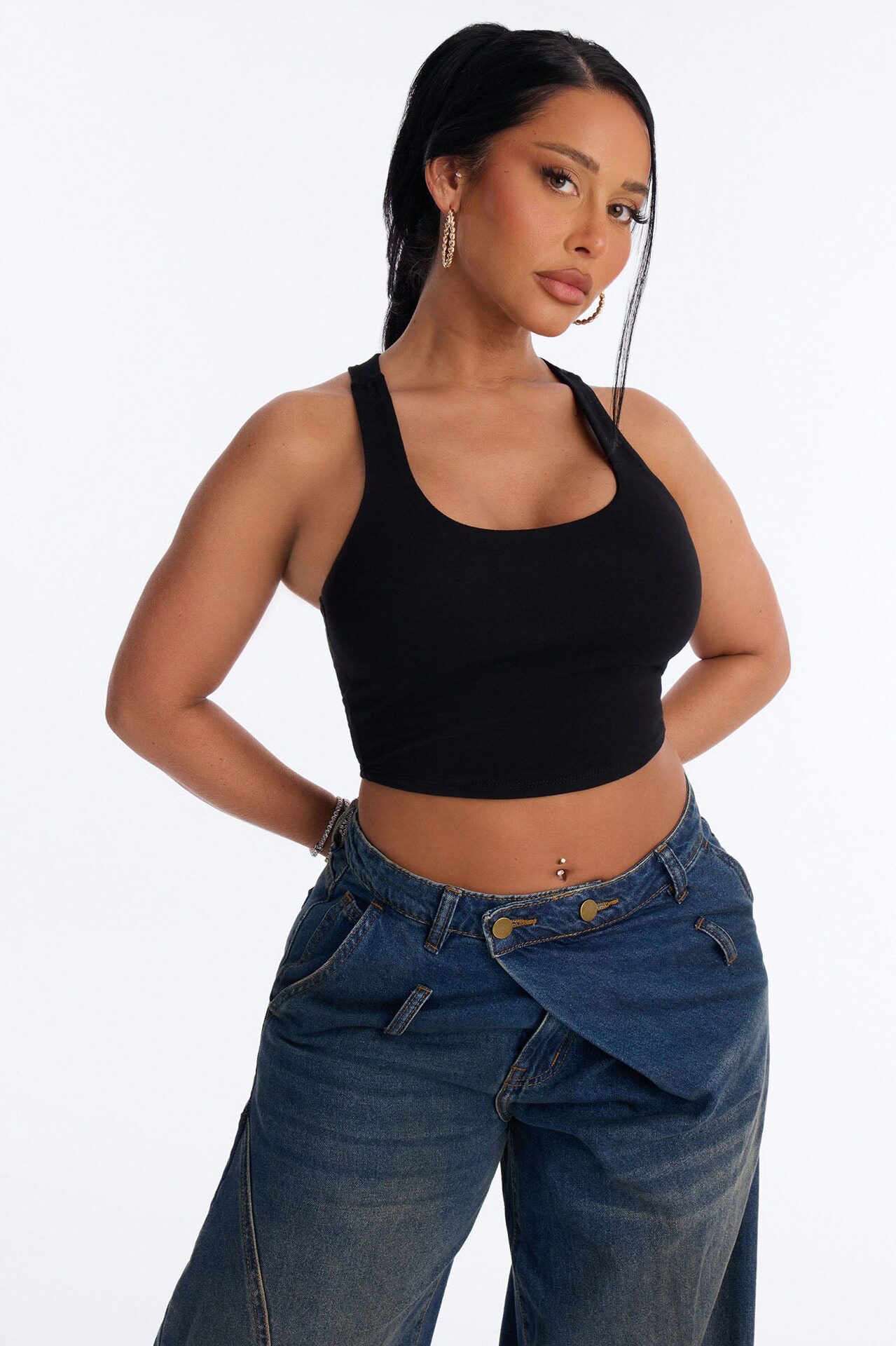 Evalyn Double Lined Cropped Racerback Tank Top - Black