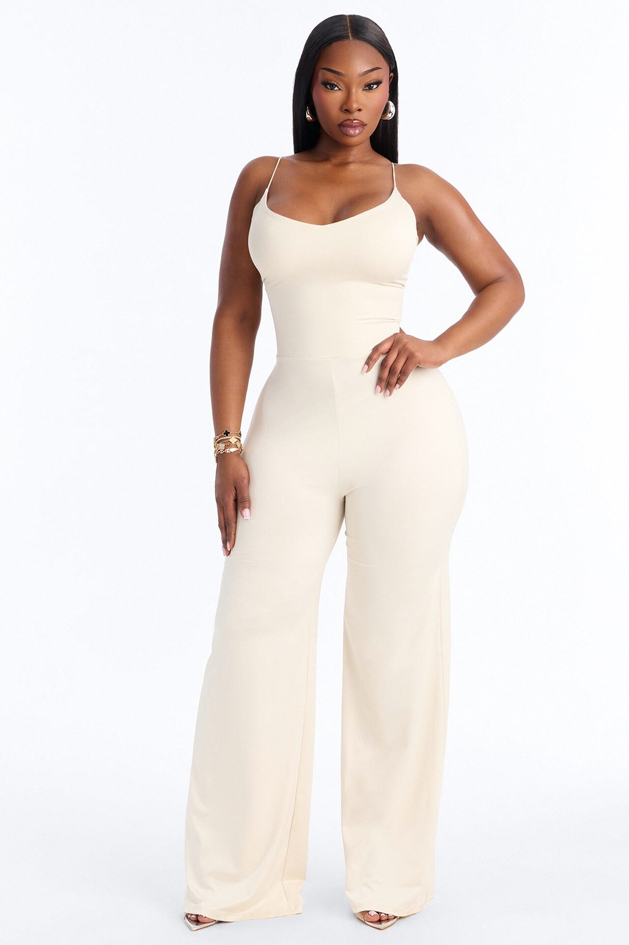 Contour Double Lined Spaghetti Strap Scoop Neck Jumpsuit - Bone