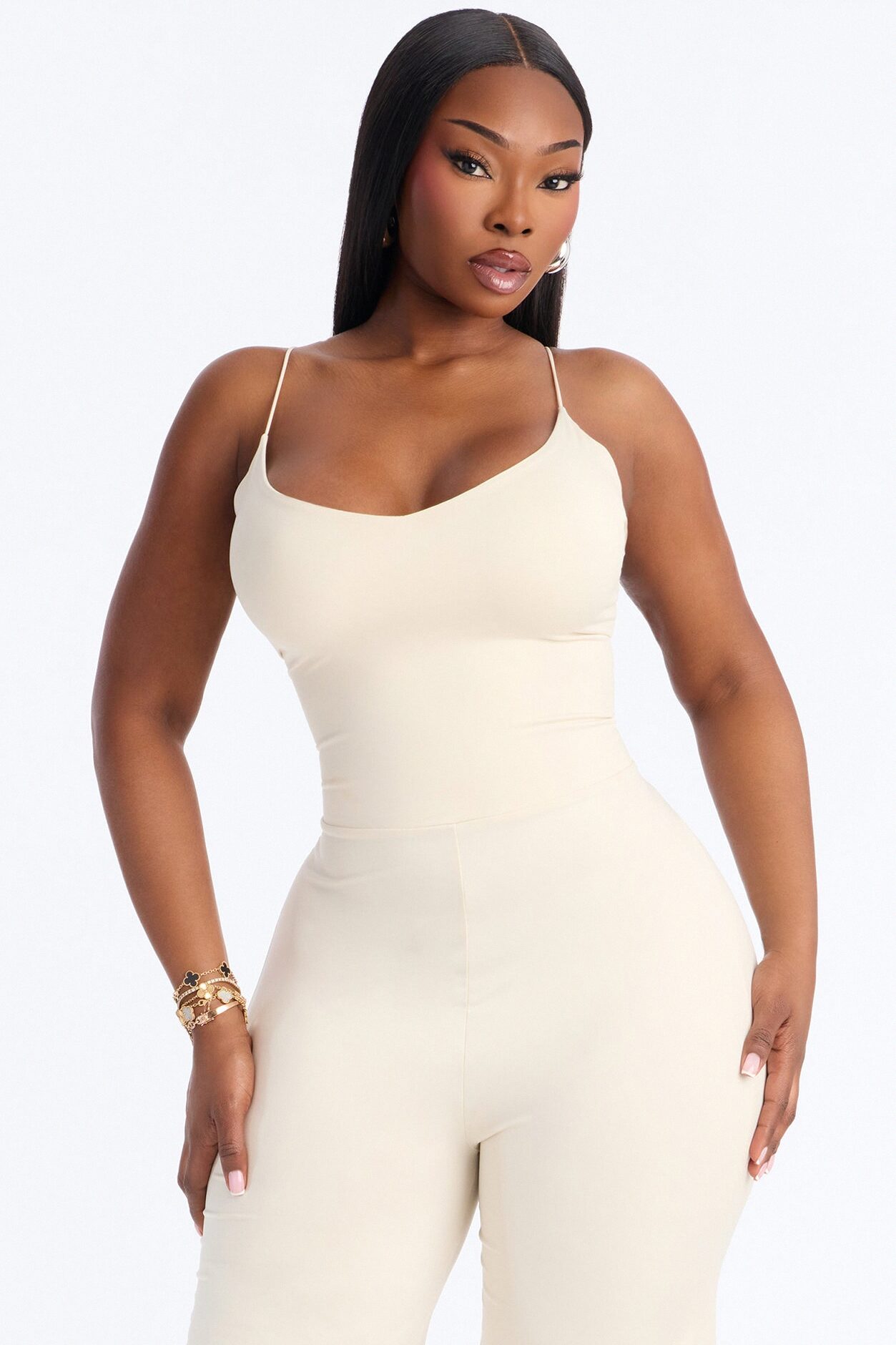 Contour Double Lined Spaghetti Strap Scoop Neck Jumpsuit - Bone